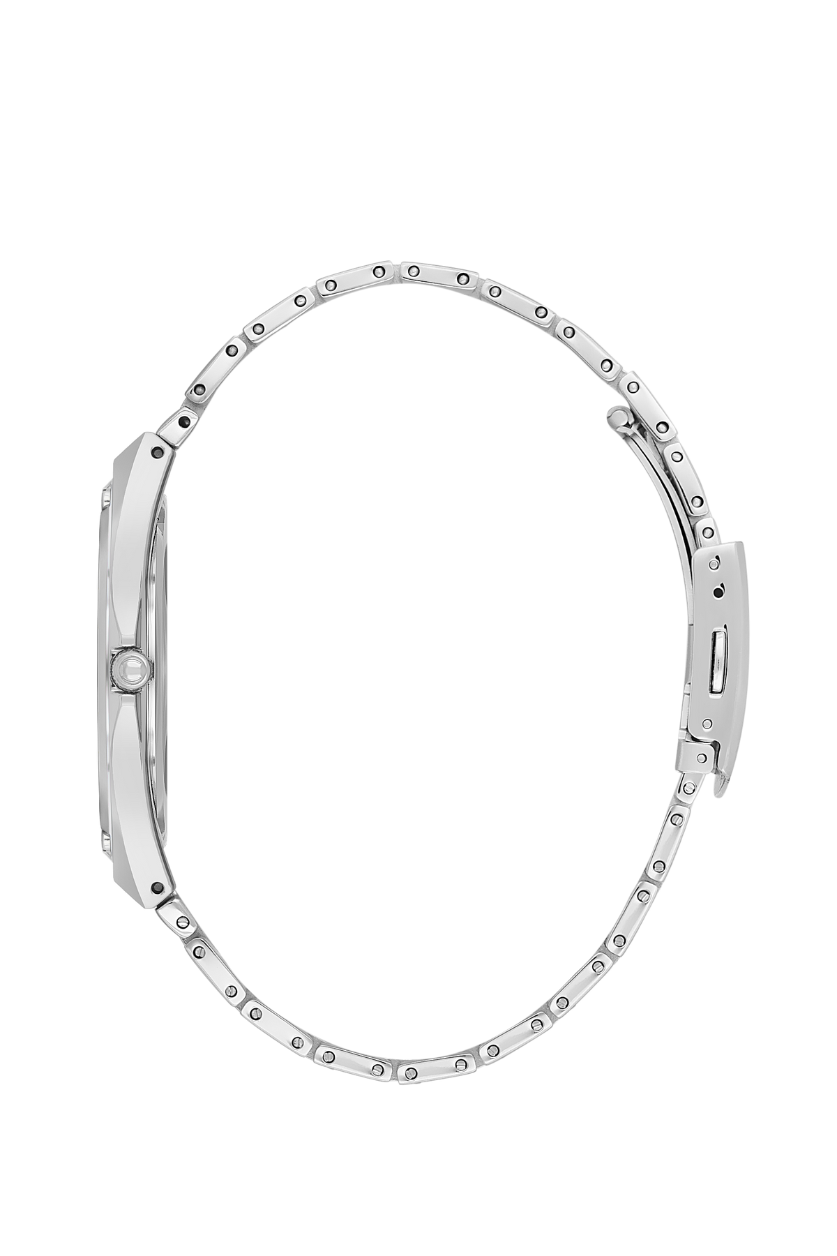 Side view of silver metal watch bracelet with octagonal bezel