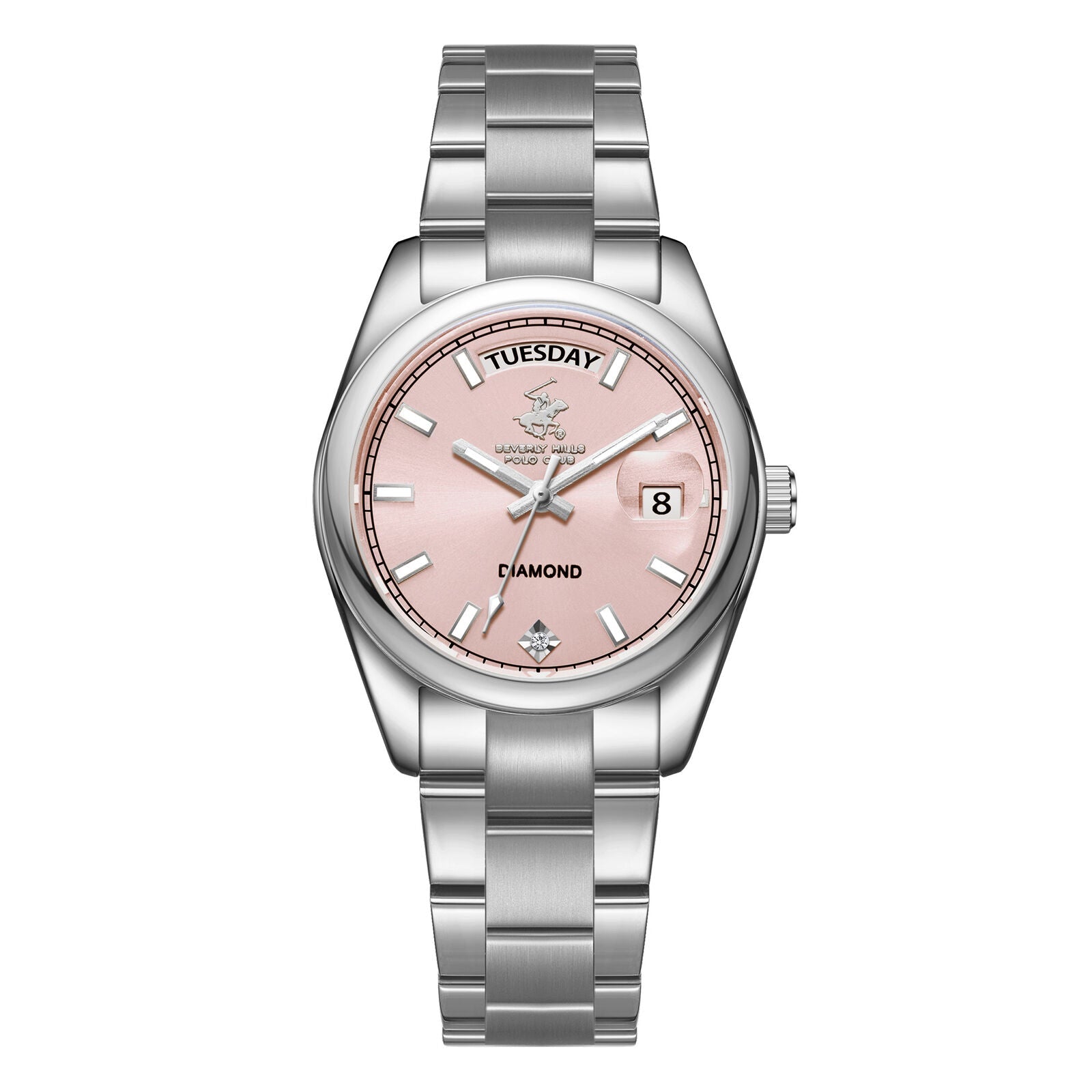 Beverly Hills Polo Club BP3709X.381 pink dial day-date silver watch with diamond accent