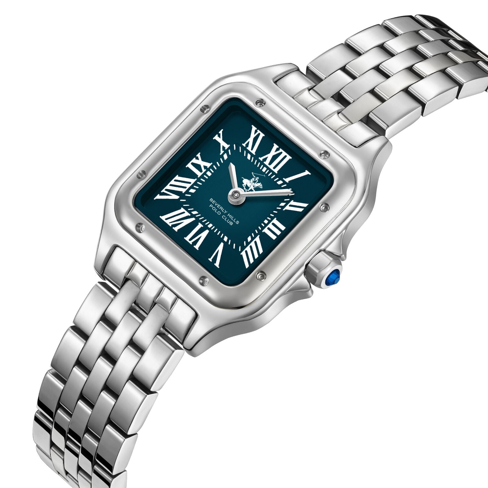 Beverly Hills Polo Club BP3755C.370 watch at angle showing silver bracelet and blue dial