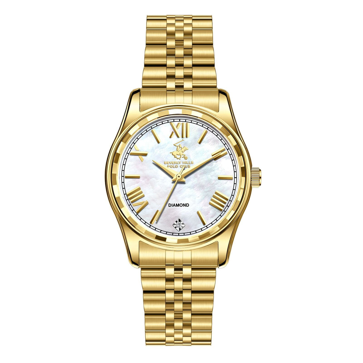 Beverly Hills Polo Club gold watch with mother of pearl dial and diamond markers, Roman numeral indices