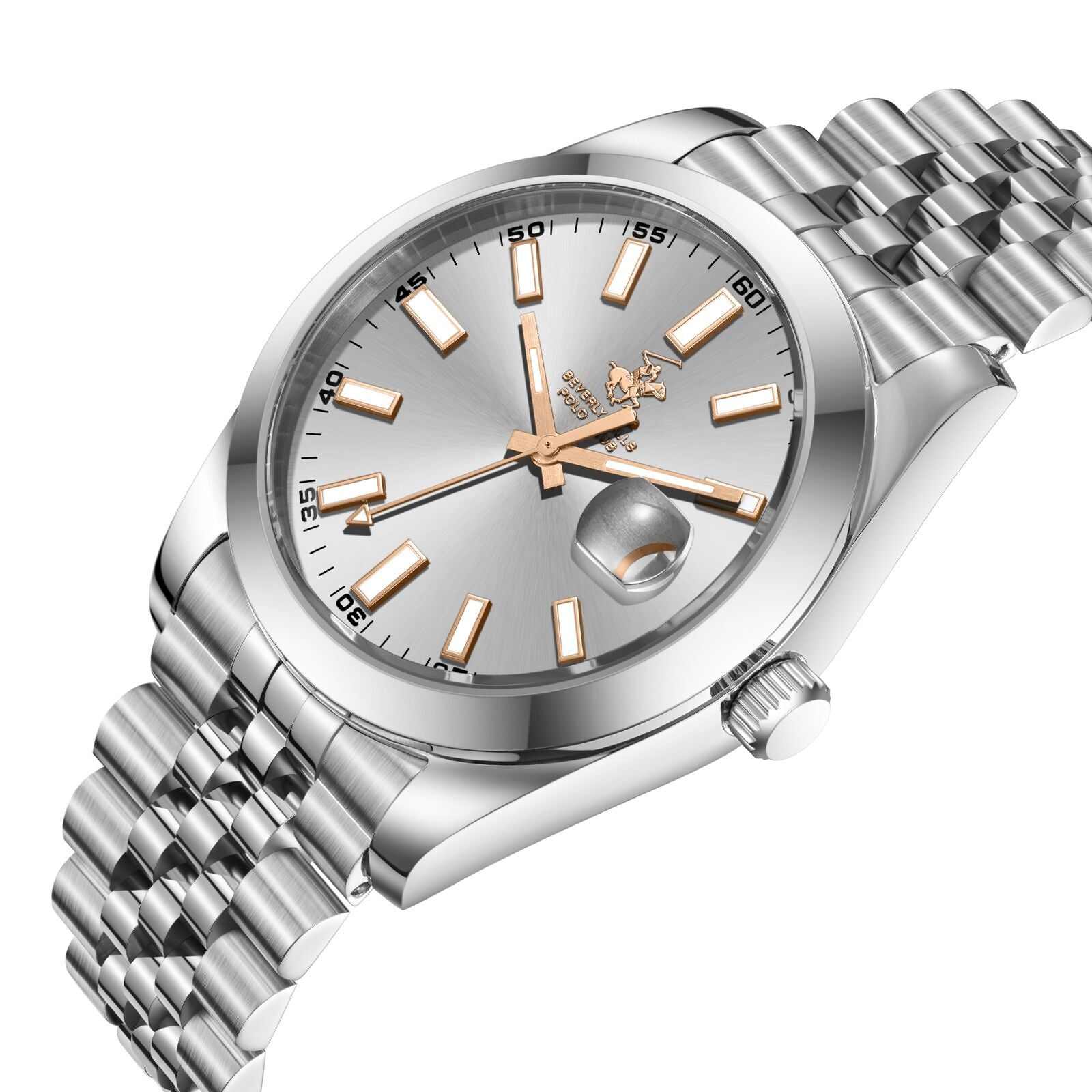 Beverly Hills Polo Club BP3810X.330 angled view showing silver stainless steel case and bracelet with grey dial