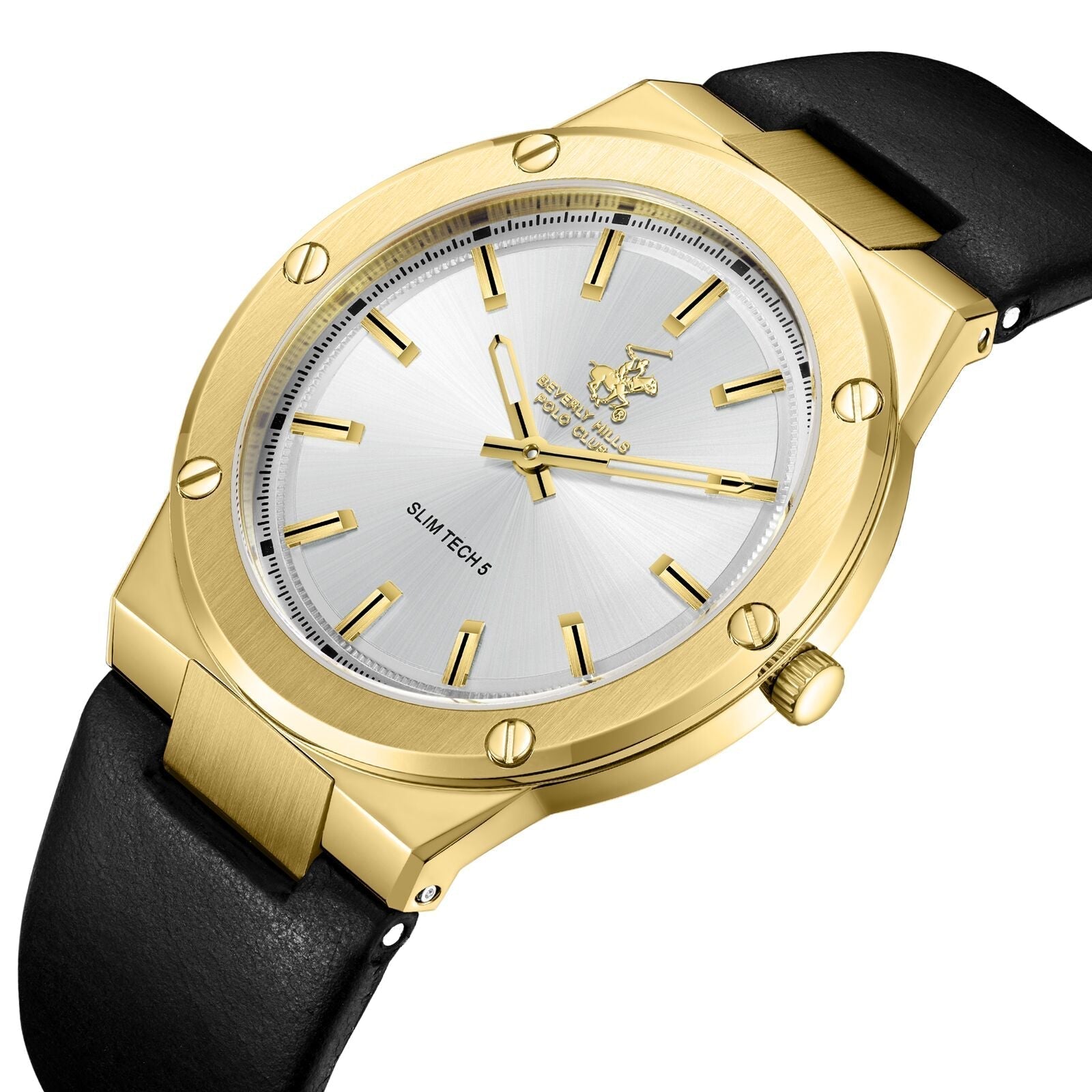 Beverly Hills Polo Club Slim Tech 5 Black Leather Gold Watch BP3817X.131