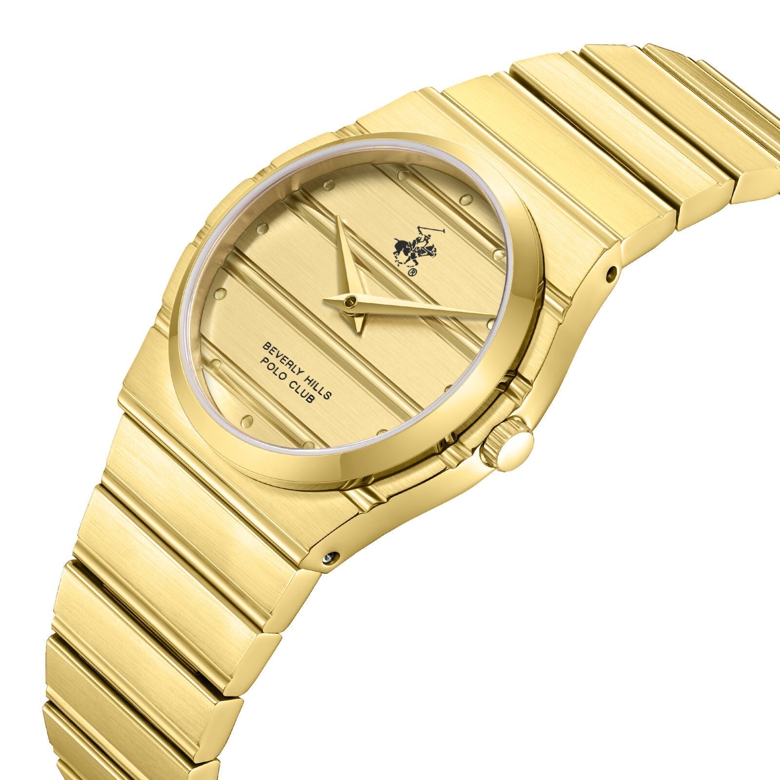 Side angle view of all gold Beverly Hills Polo Club watch showing dial and bracelet