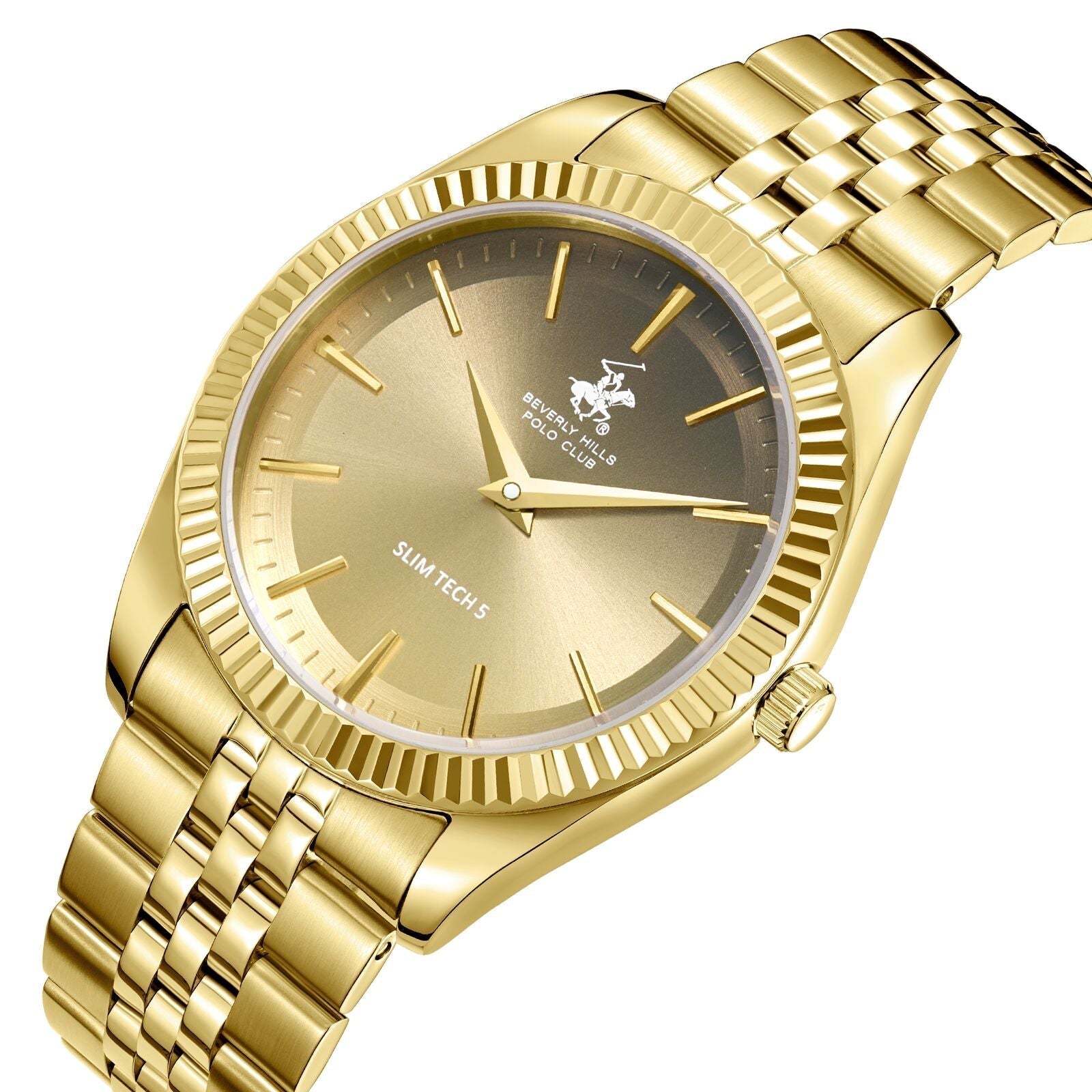 All gold Slim Tech 5 watch angled view showing bracelet and textured bezel