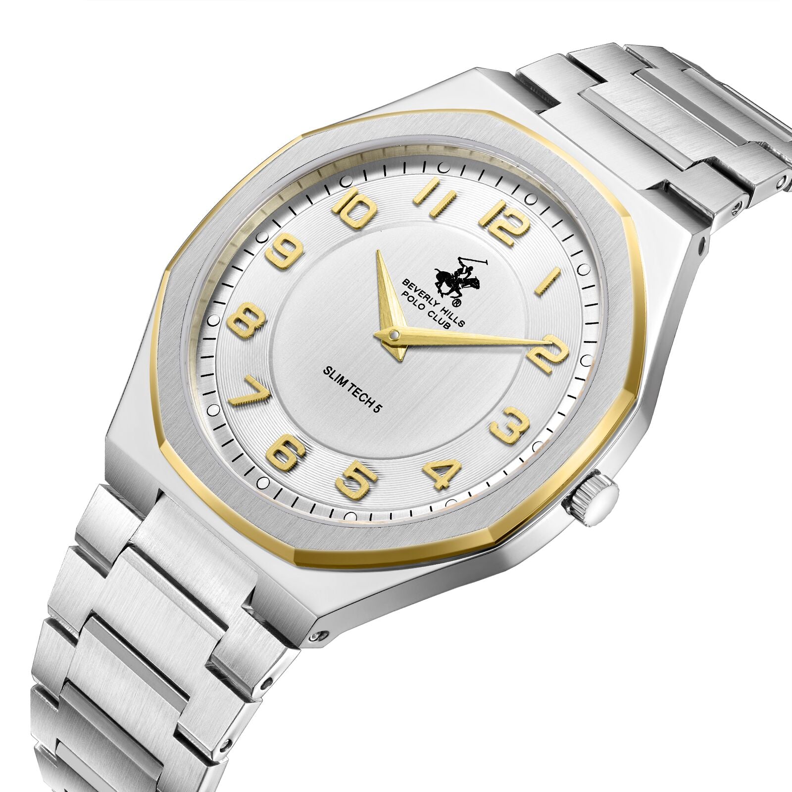 Angled view of two-tone watch showing octagonal case, integrated bracelet, and gold bezel detail