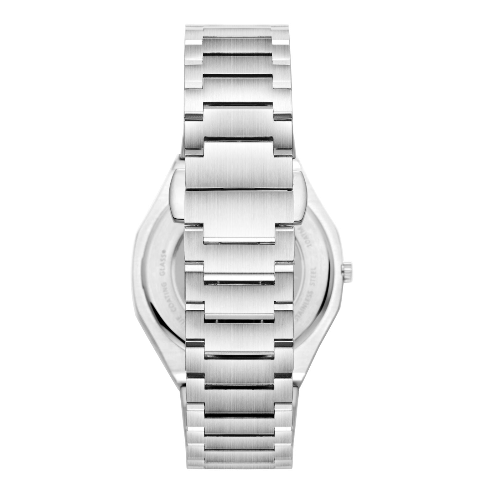 Back case view of two-tone watch showing stainless steel integrated bracelet