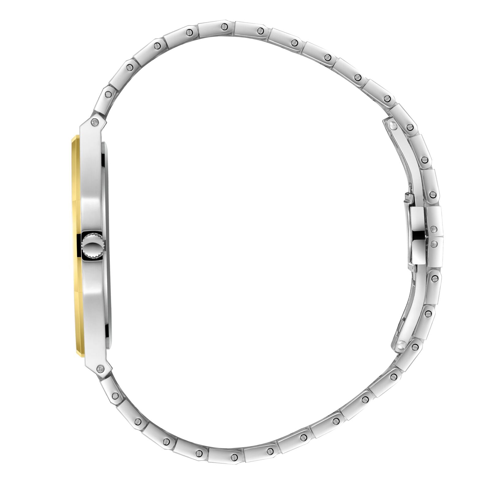 Side profile of watch case showing gold-tone bezel against stainless steel bracelet