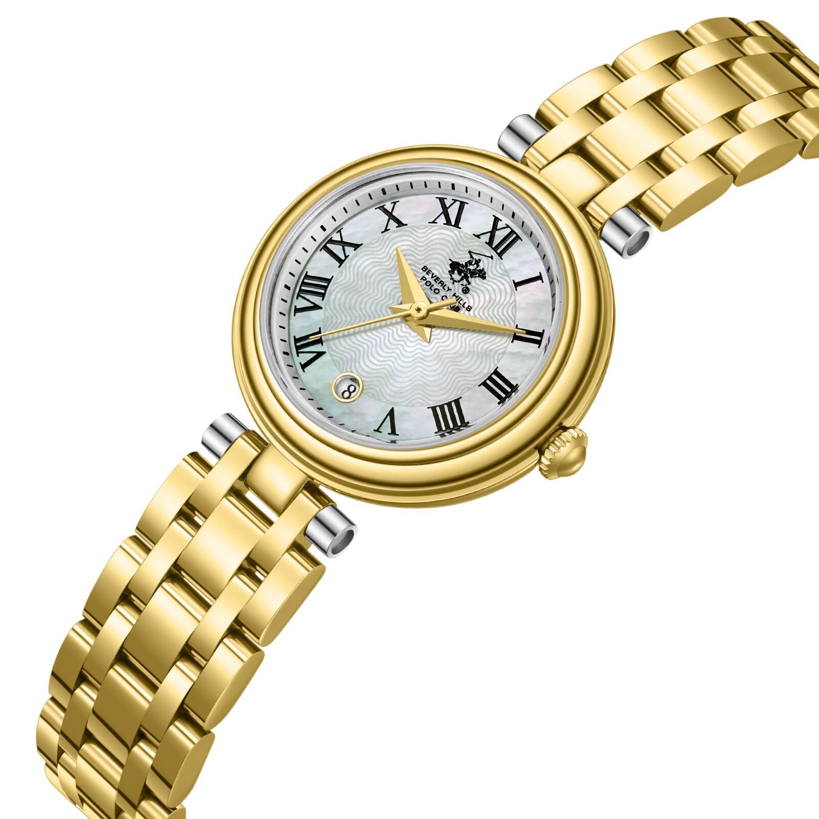 Beverly Hills Polo Club BP3838X.120 gold watch angled view with mother pearl dial and gold strap