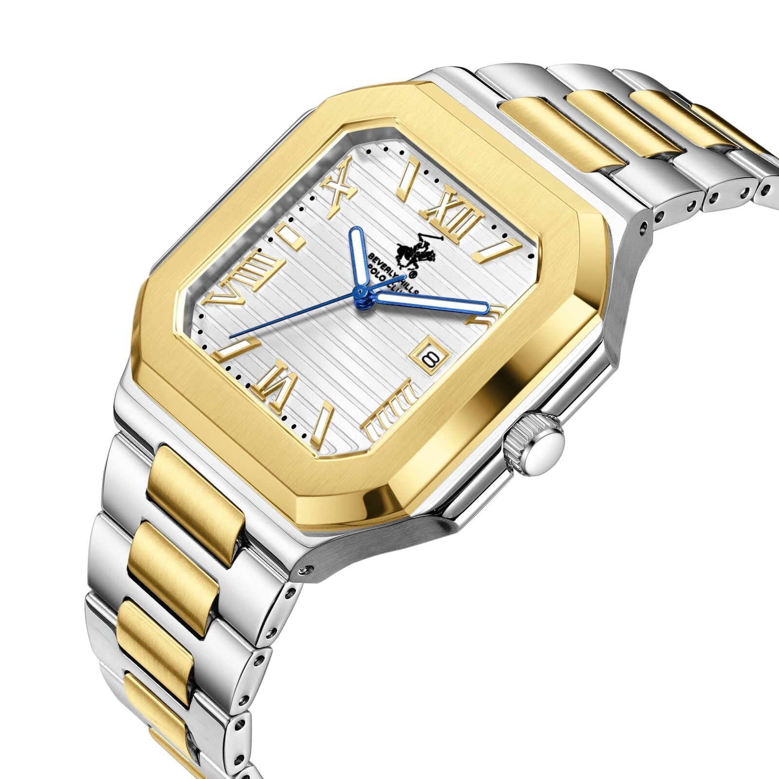 Side angle of Beverly Hills Polo Club BP3845X.230 with two-tone gold and silver steel bracelet