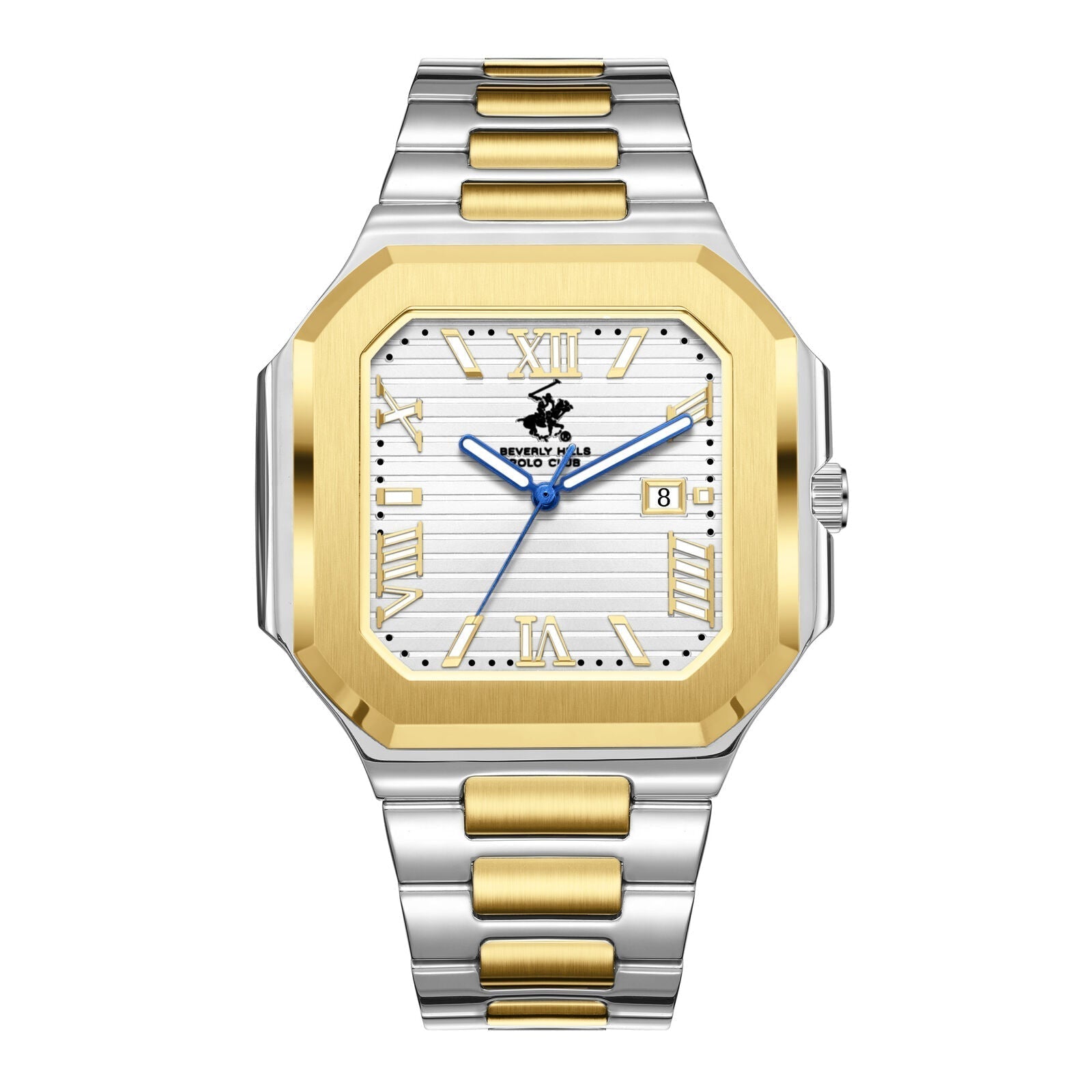 Beverly Hills Polo Club two-tone square watch with gold bezel, white dial, blue hands, and date window