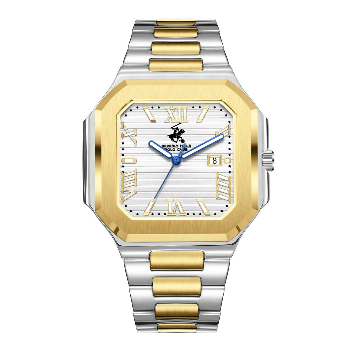 Beverly Hills Polo Club two-tone square watch with gold bezel, white dial, blue hands, and date window
