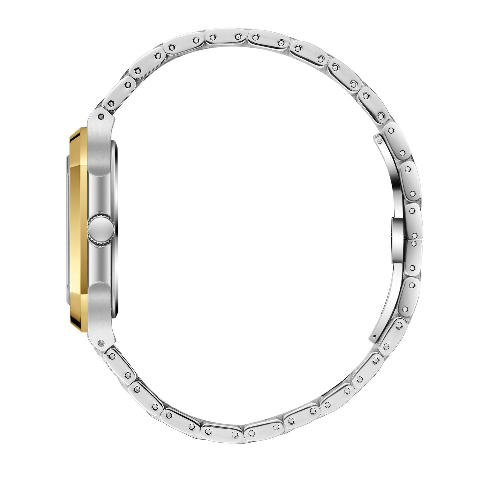 Side profile of Beverly Hills Polo Club watch showing case thickness and two-tone bracelet