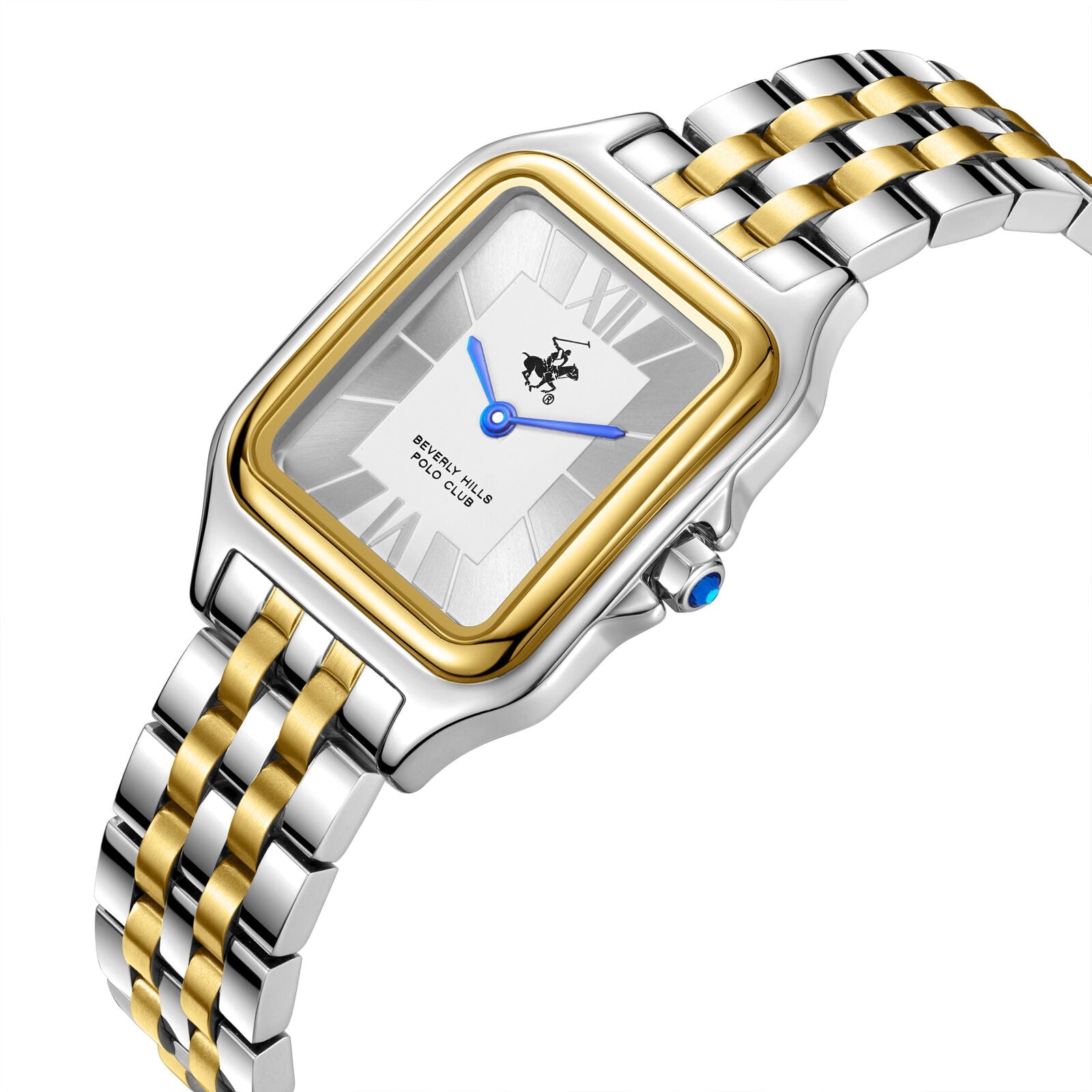 Two-tone steel and gold bracelet watch shown at angle with blue hands visible