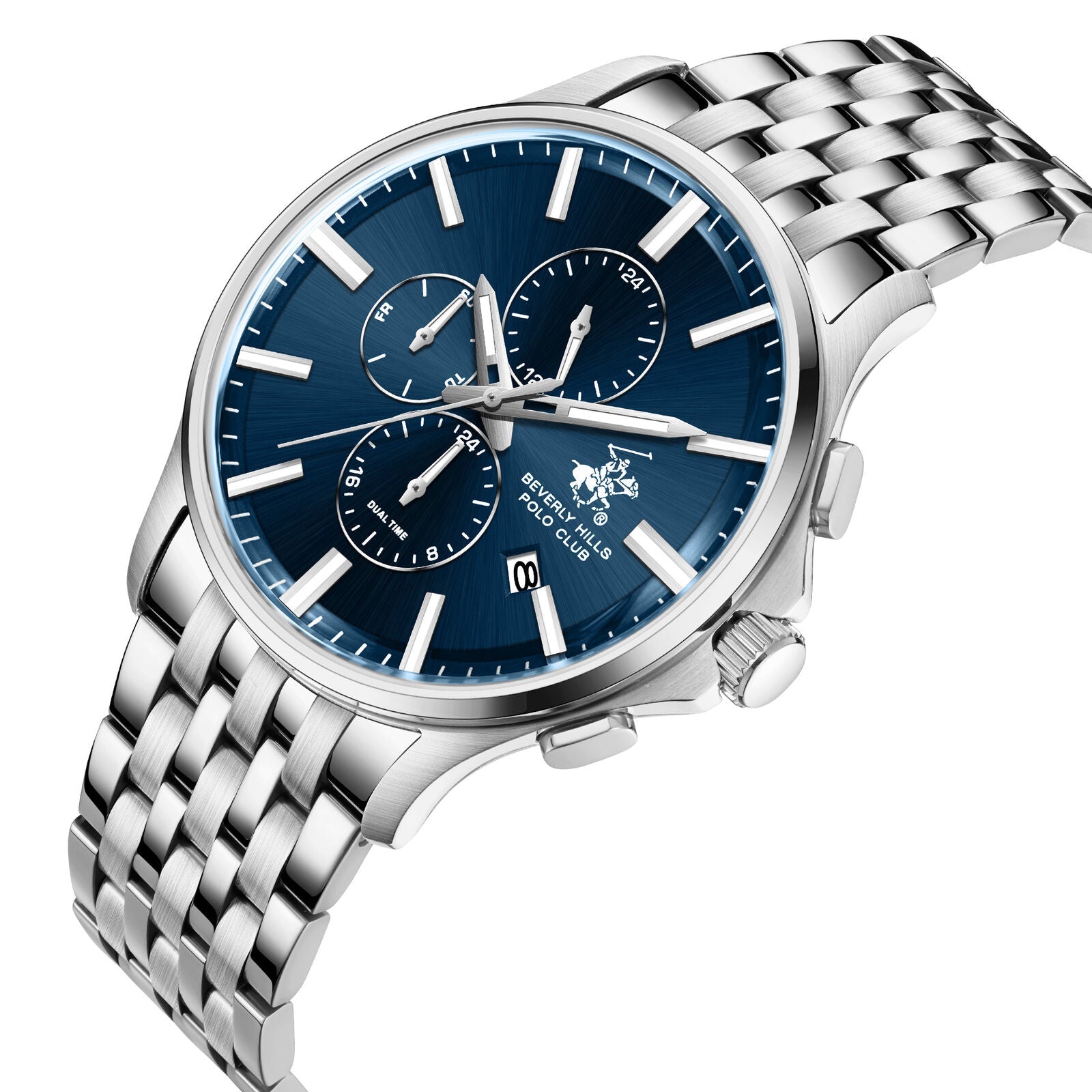 Blue dial chronograph watch with three subdials and stainless steel link bracelet