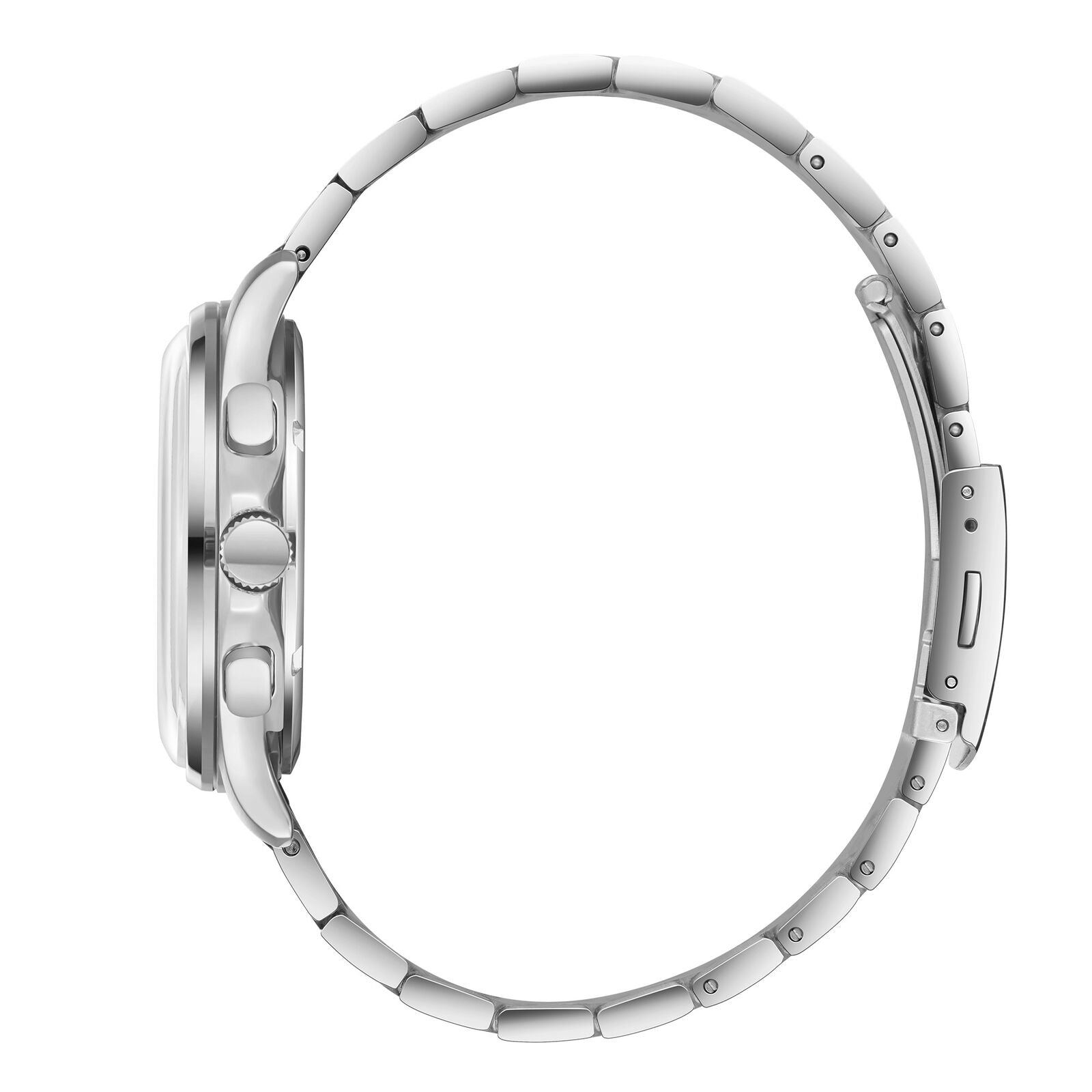 Side profile of silver stainless steel watch case with push buttons and link bracelet