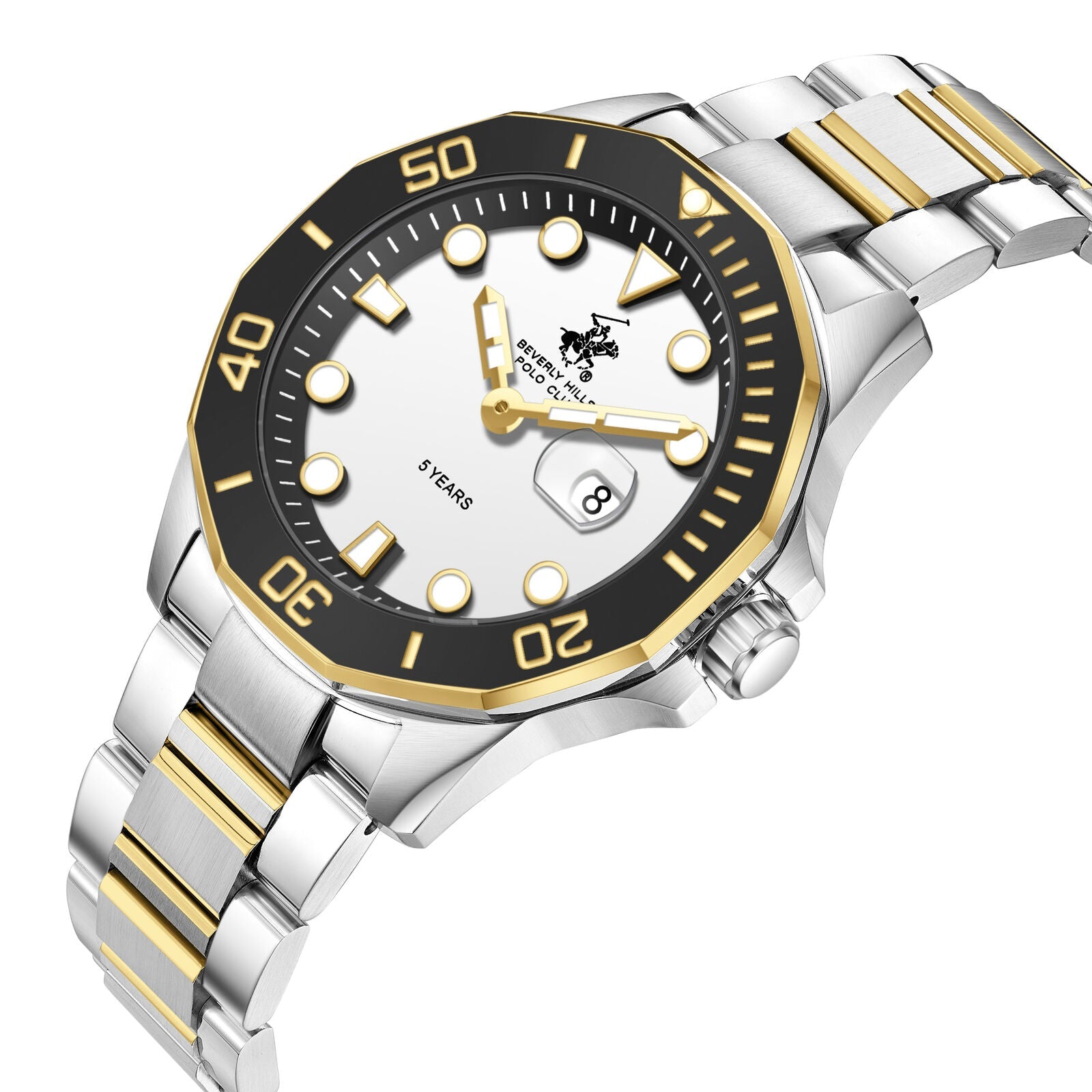 Beverly Hills Polo Club watch angled view showing two-tone stainless steel and gold bracelet with white dial and black bezel