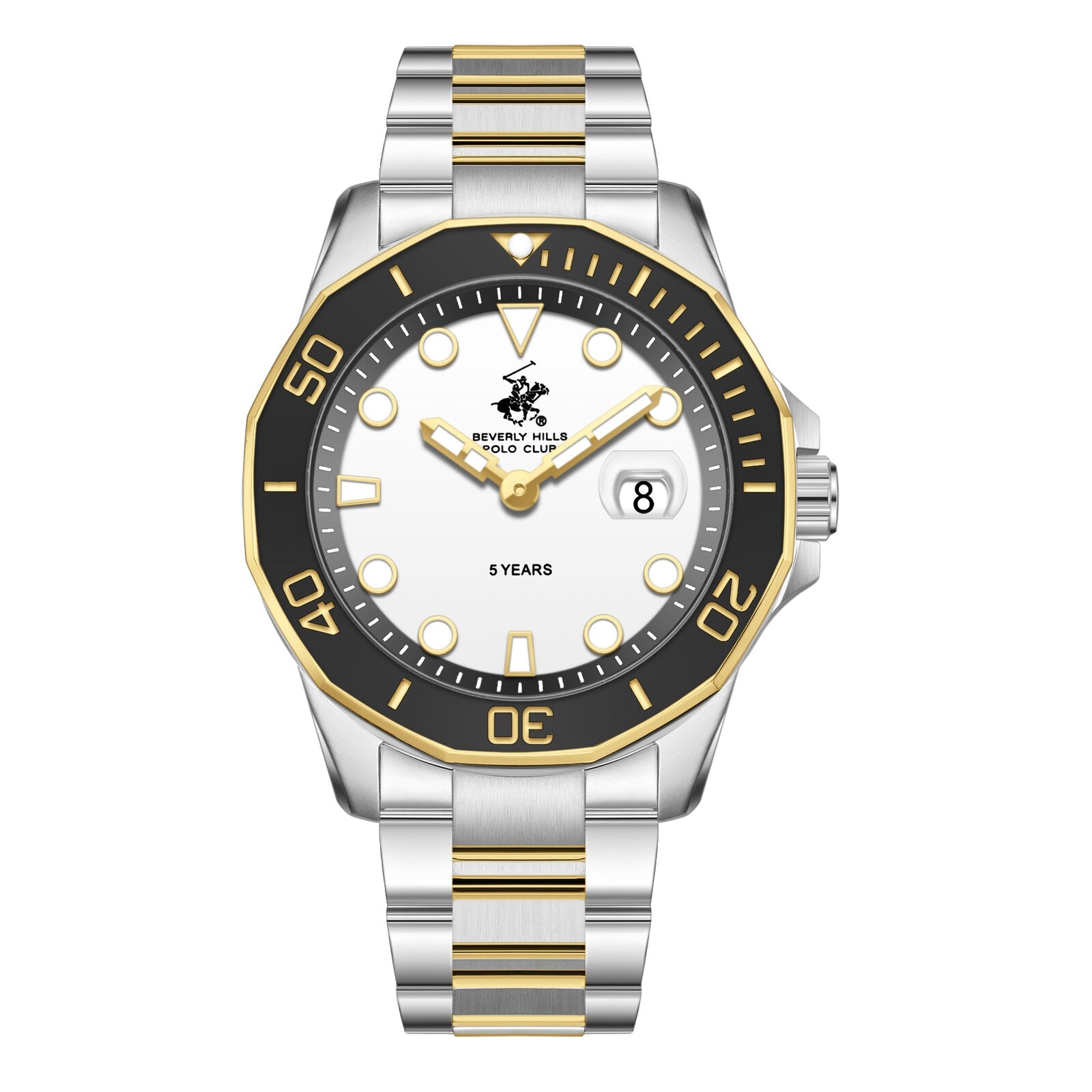 Beverly Hills Polo Club two-tone watch with white dial, black bezel, date window, and gold-accented hands
