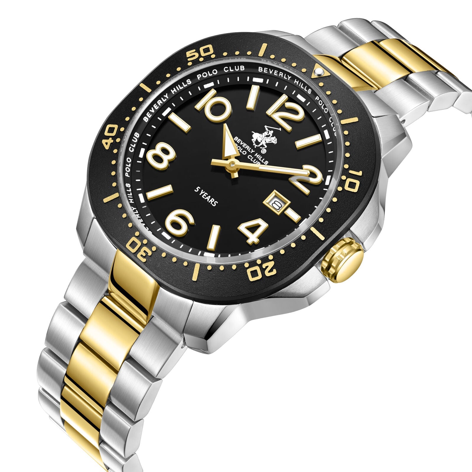 Two-tone Beverly Hills Polo Club watch at angle showing black dial and mixed metal bracelet