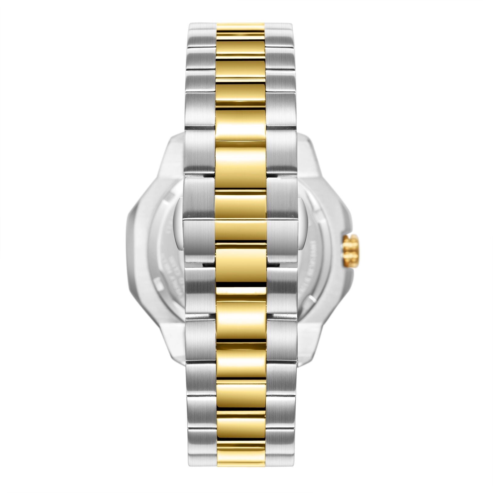 Caseback view of Beverly Hills Polo Club watch showing two-tone gold and silver bracelet