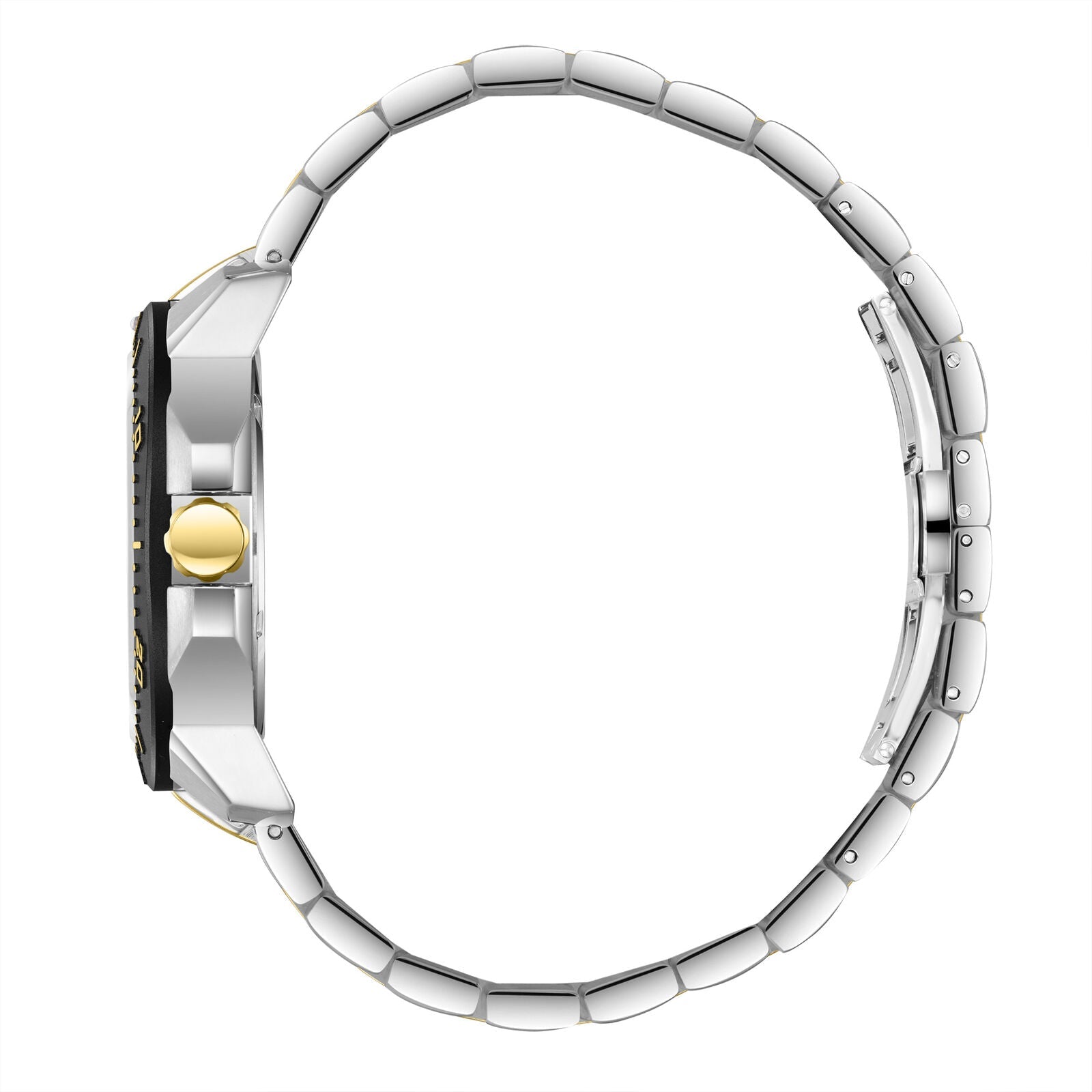Side view of Beverly Hills Polo Club two-tone watch with black dial and metal bracelet