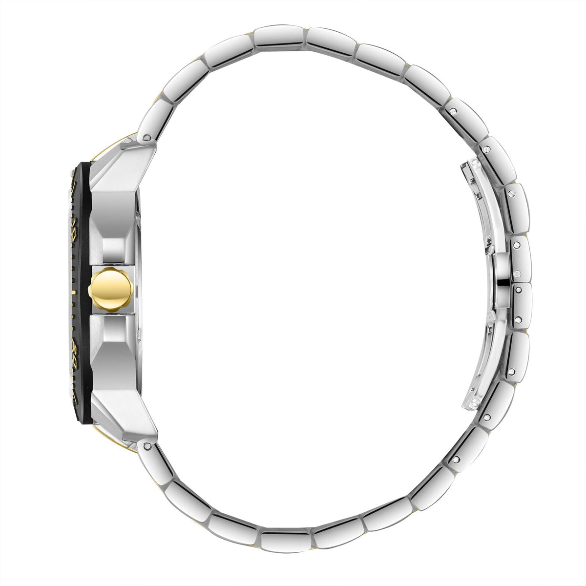 Side view of Beverly Hills Polo Club two-tone watch with black dial and metal bracelet