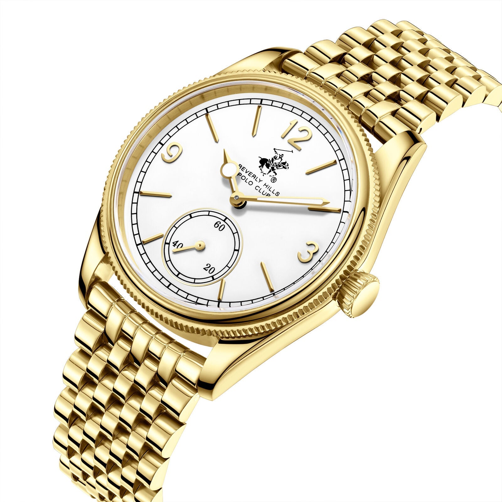 Gold dress watch at three-quarter angle showing white dial and gold link bracelet