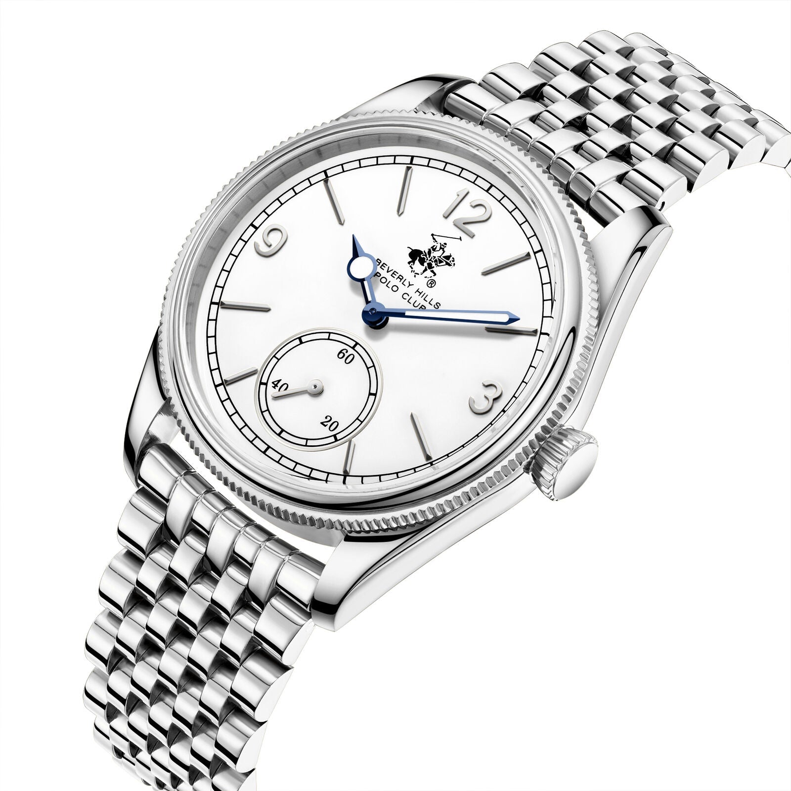 Beverly Hills Polo Club BP3890X.330 angled view showing silver bracelet and white dial with blue hands