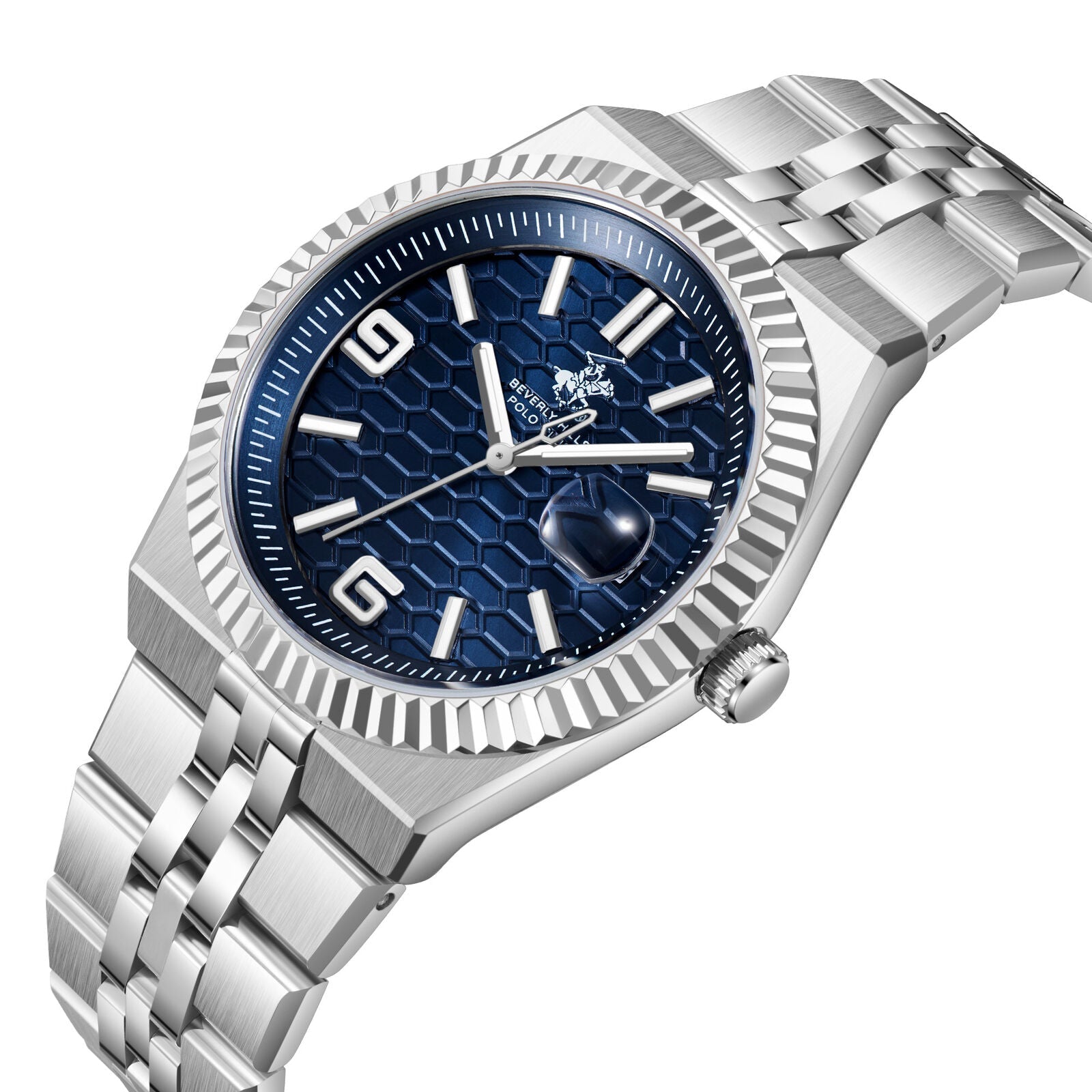 Beverly Hills Polo Club blue dial watch at angle showing silver bracelet and fluted bezel