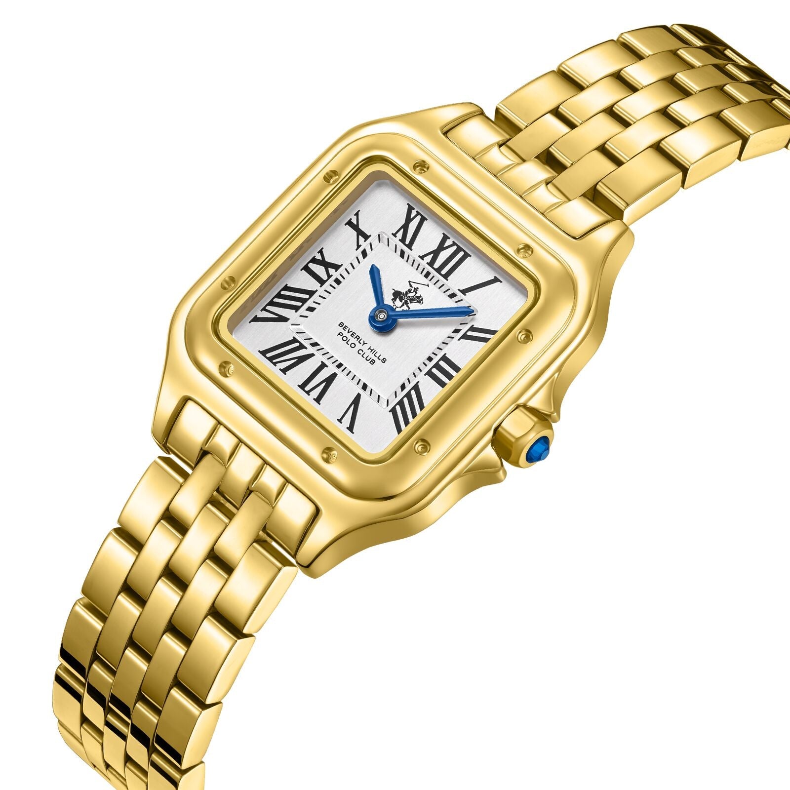 Gold square watch angled view showing dial and link bracelet with blue crown