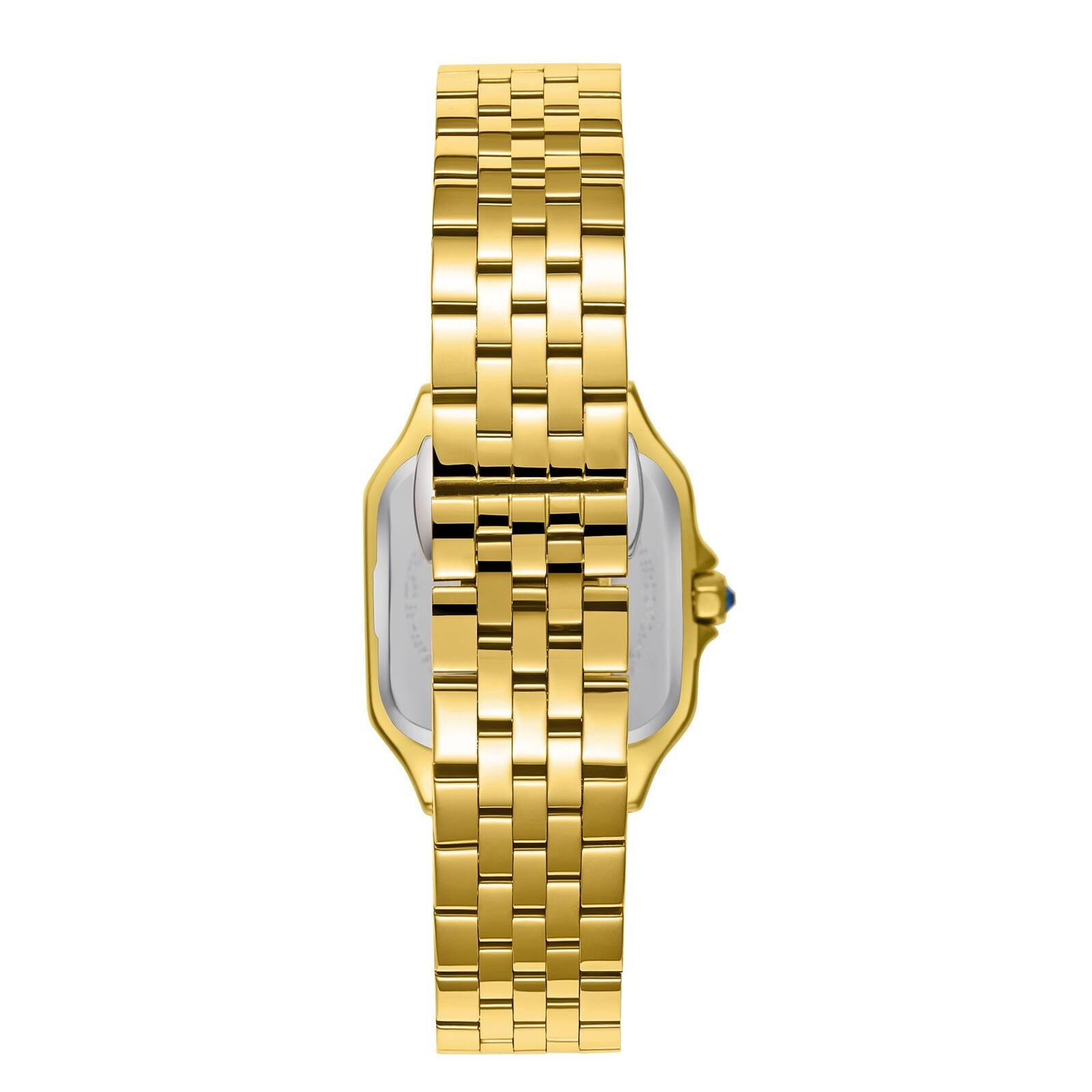 Back view of all-gold watch case and link bracelet showing caseback