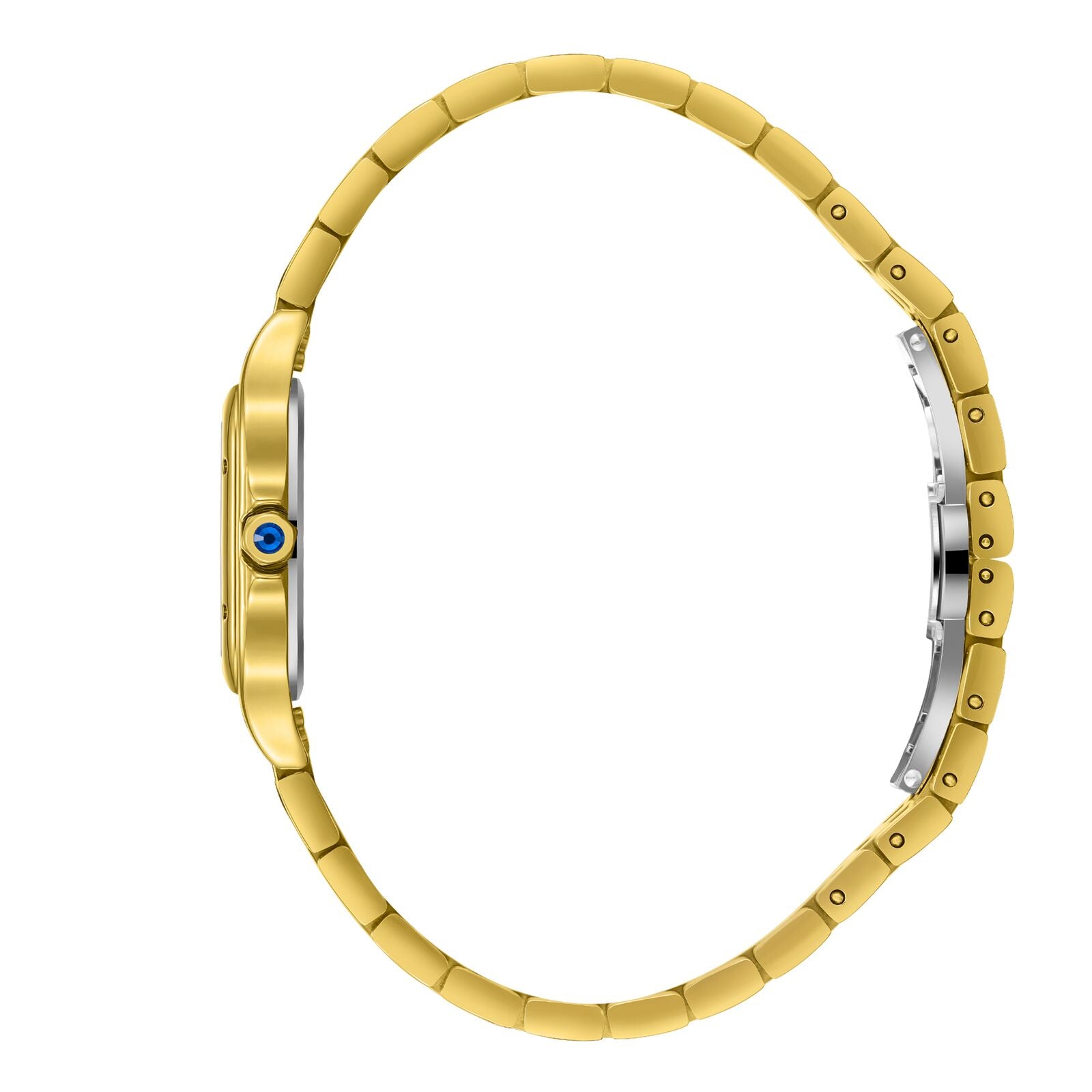Side view of all-gold square watch and bracelet showing profile and blue crown