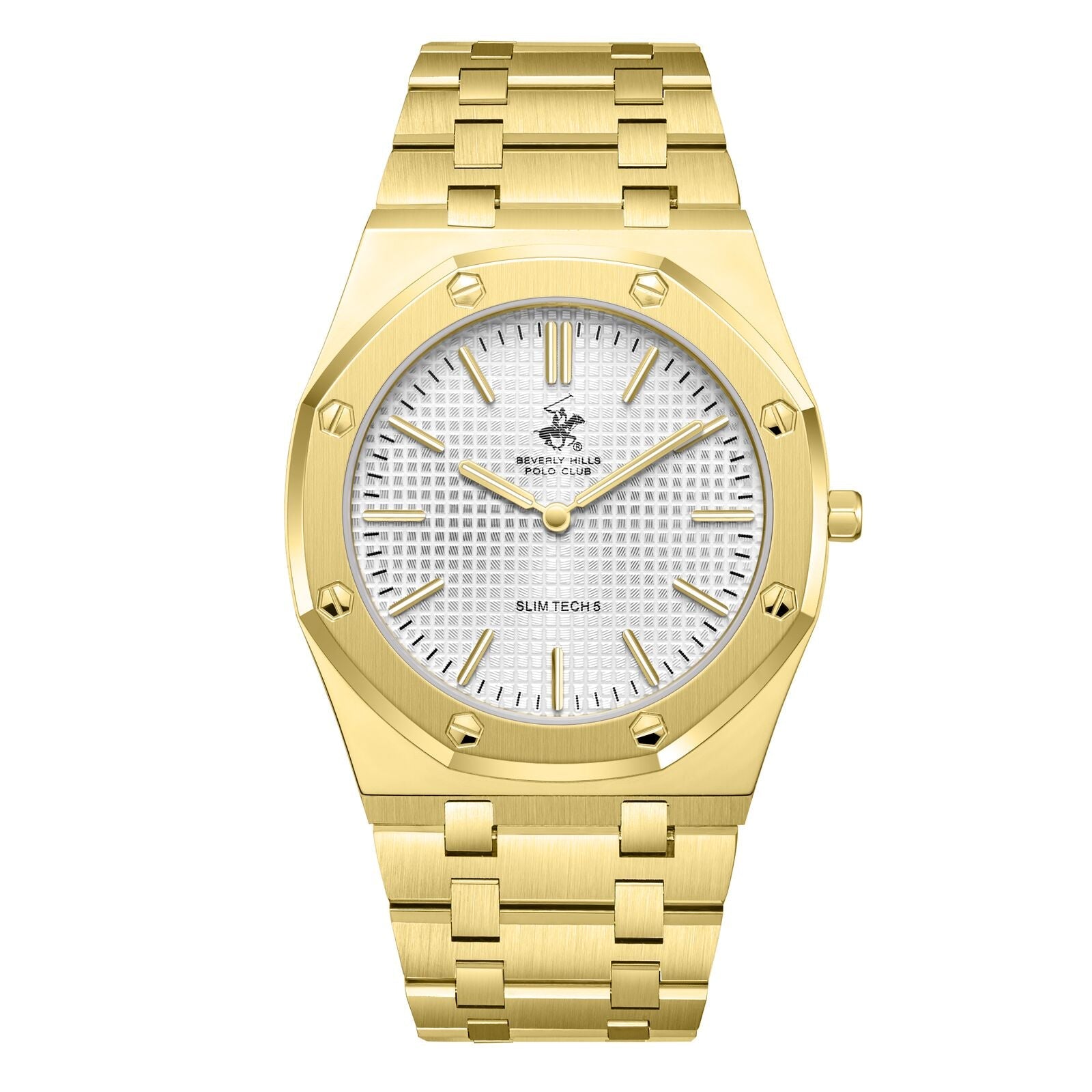 Beverly Hills Polo Club Slim Tech 5 all gold watch with white dial and gold bracelet