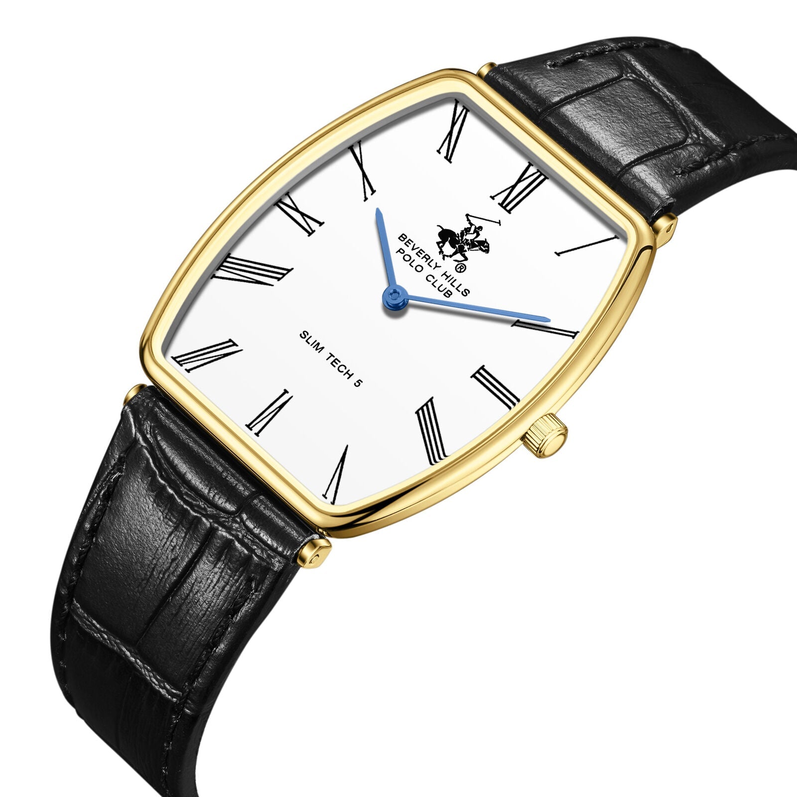 Beverly Hills Polo Club Slim Tech 5 White Dial Black Leather Gold Watch BP3863X.131