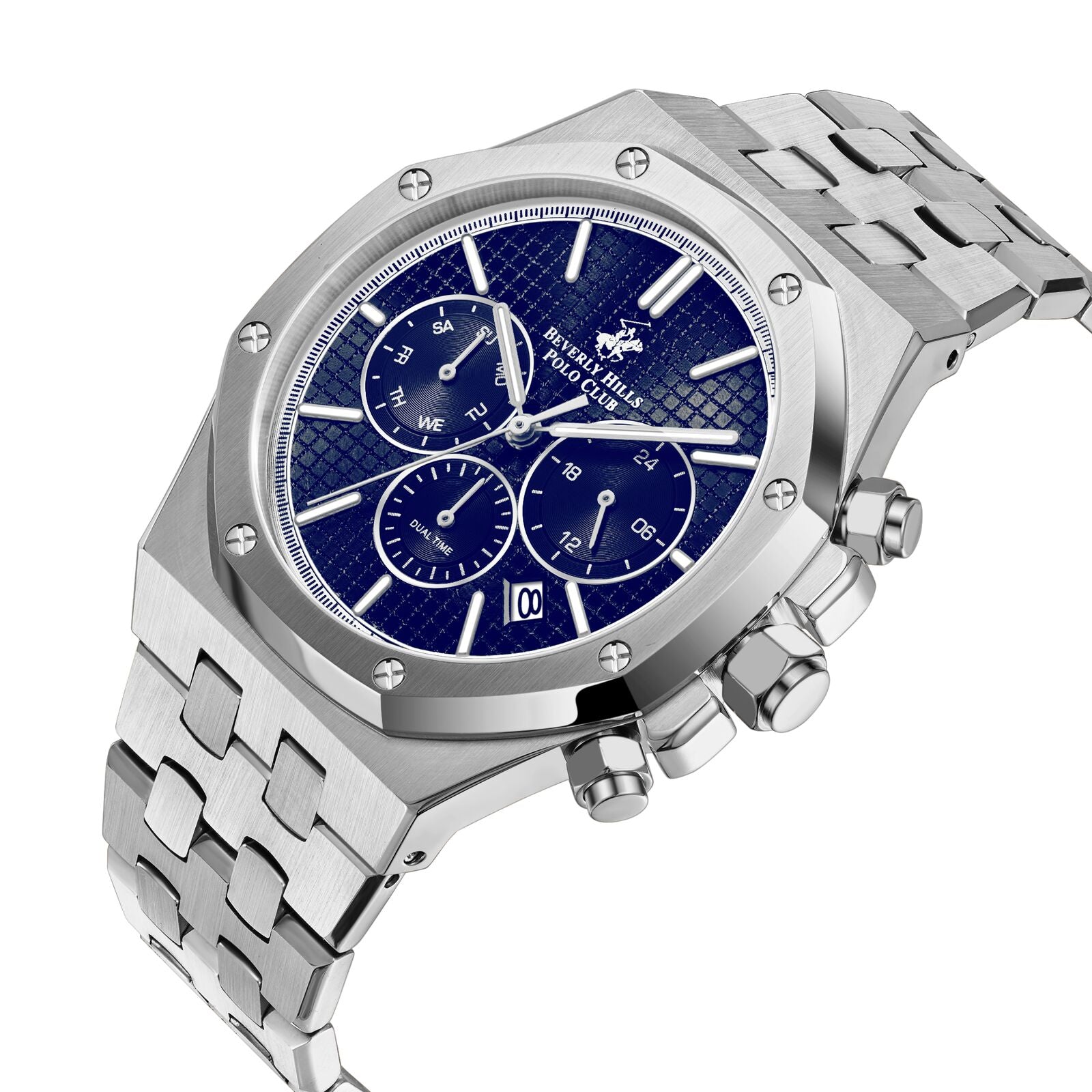 Beverly Hills Polo Club Dual Time Multifunction Blue Dial Silver Watch BP3051X.391