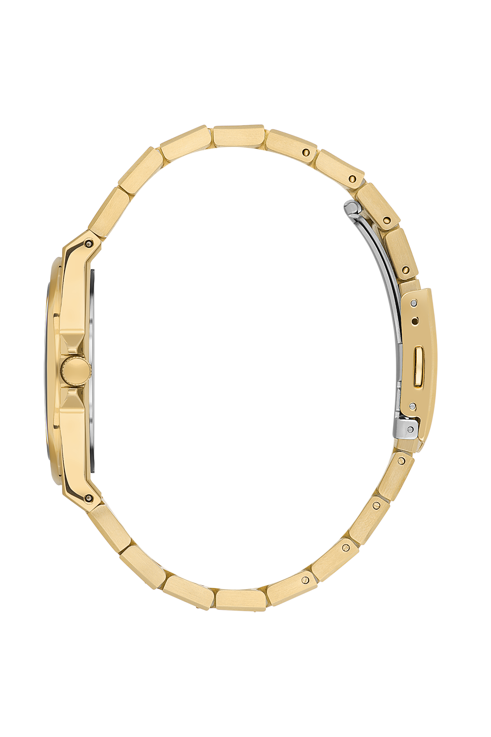Gold braided bracelet and case side profile of Beverly Hills Polo Club watch