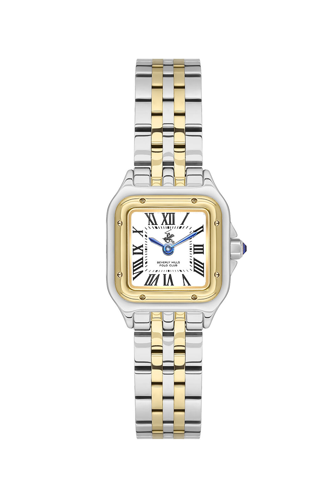 Beverly Hills Polo Club two-tone square watch with Roman numeral white dial and steel-gold bracelet