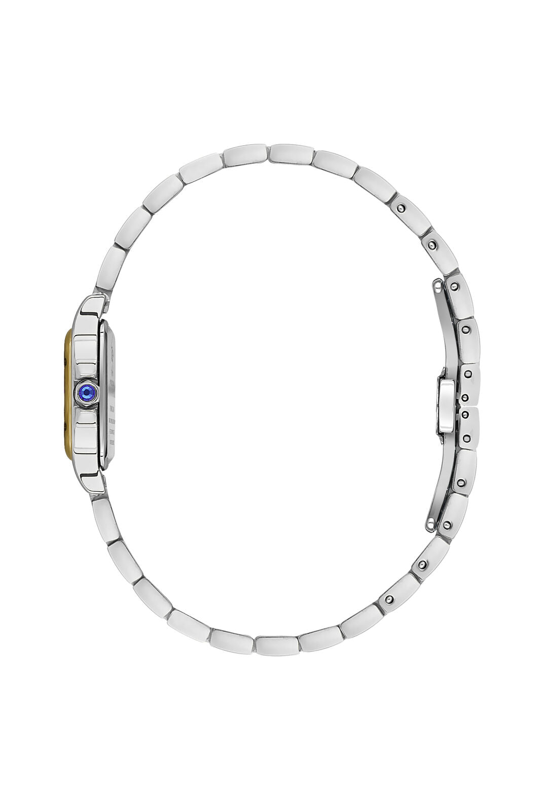 Two-tone steel and gold bracelet side view of square watch with crown visible