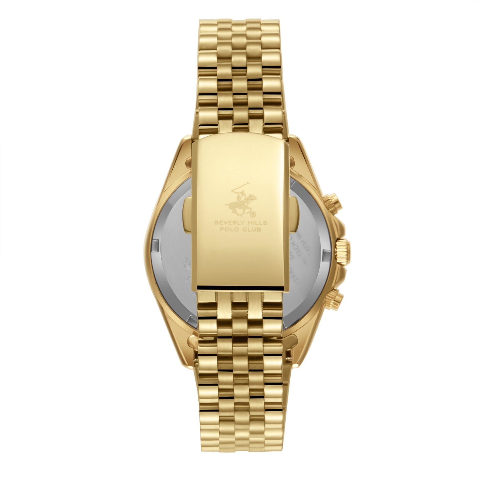 Side view of gold chronograph watch showing case profile and bracelet