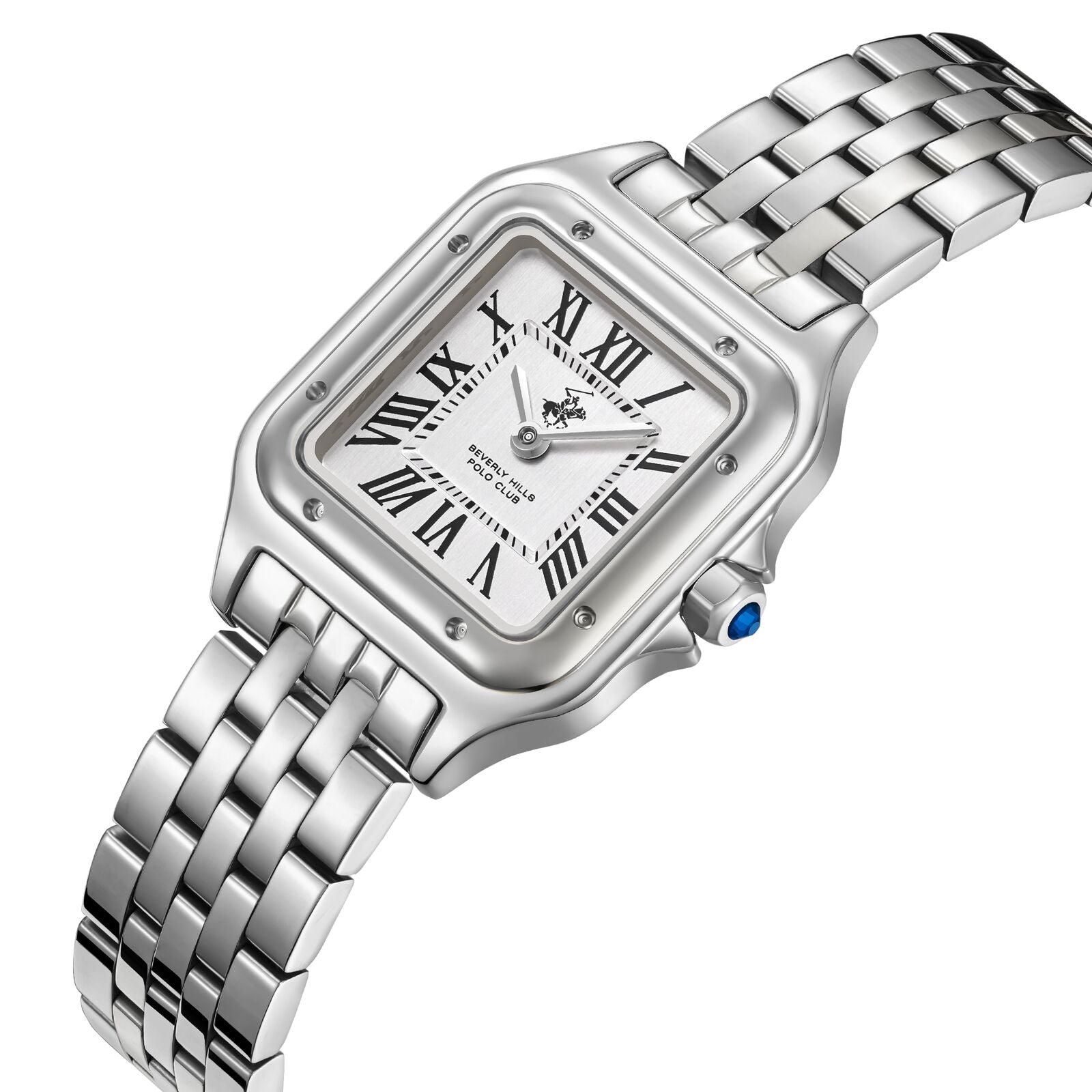Silver square watch with Roman numerals at 45-degree angle showing strap and case detail