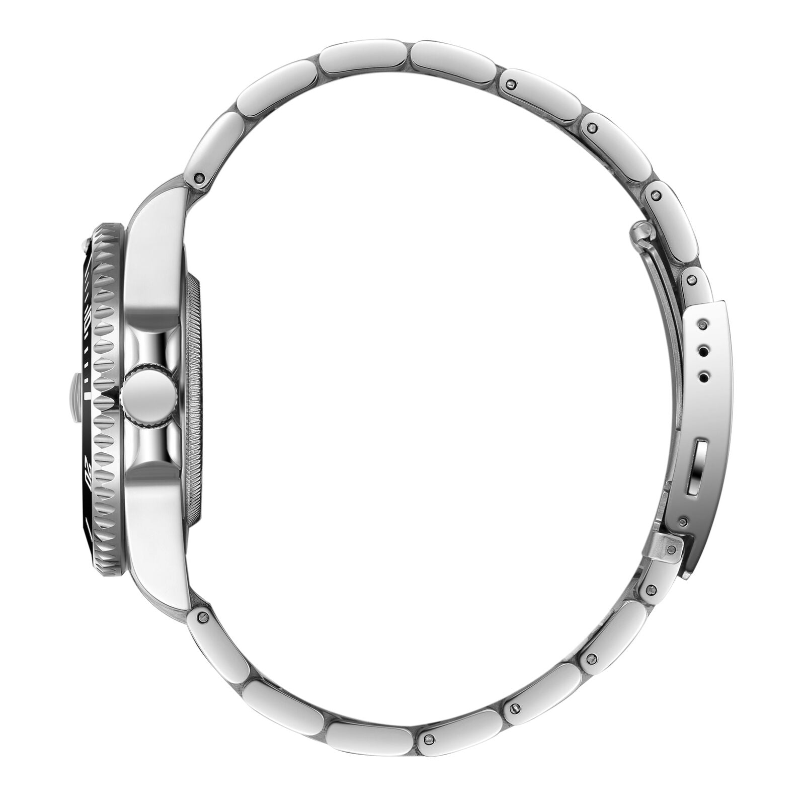 Side profile of Beverly Hills Polo Club BP3791X watch showing silver stainless steel bracelet and case