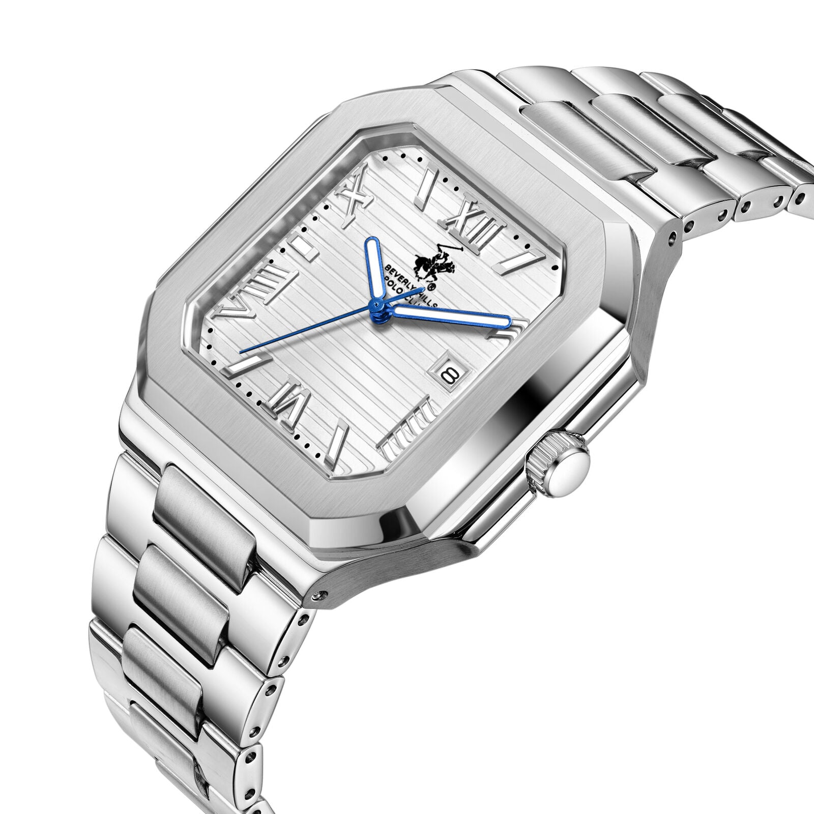 BHPC BP3845X watch at angle showing silver steel bracelet, octagonal case, and white striped dial with blue hands