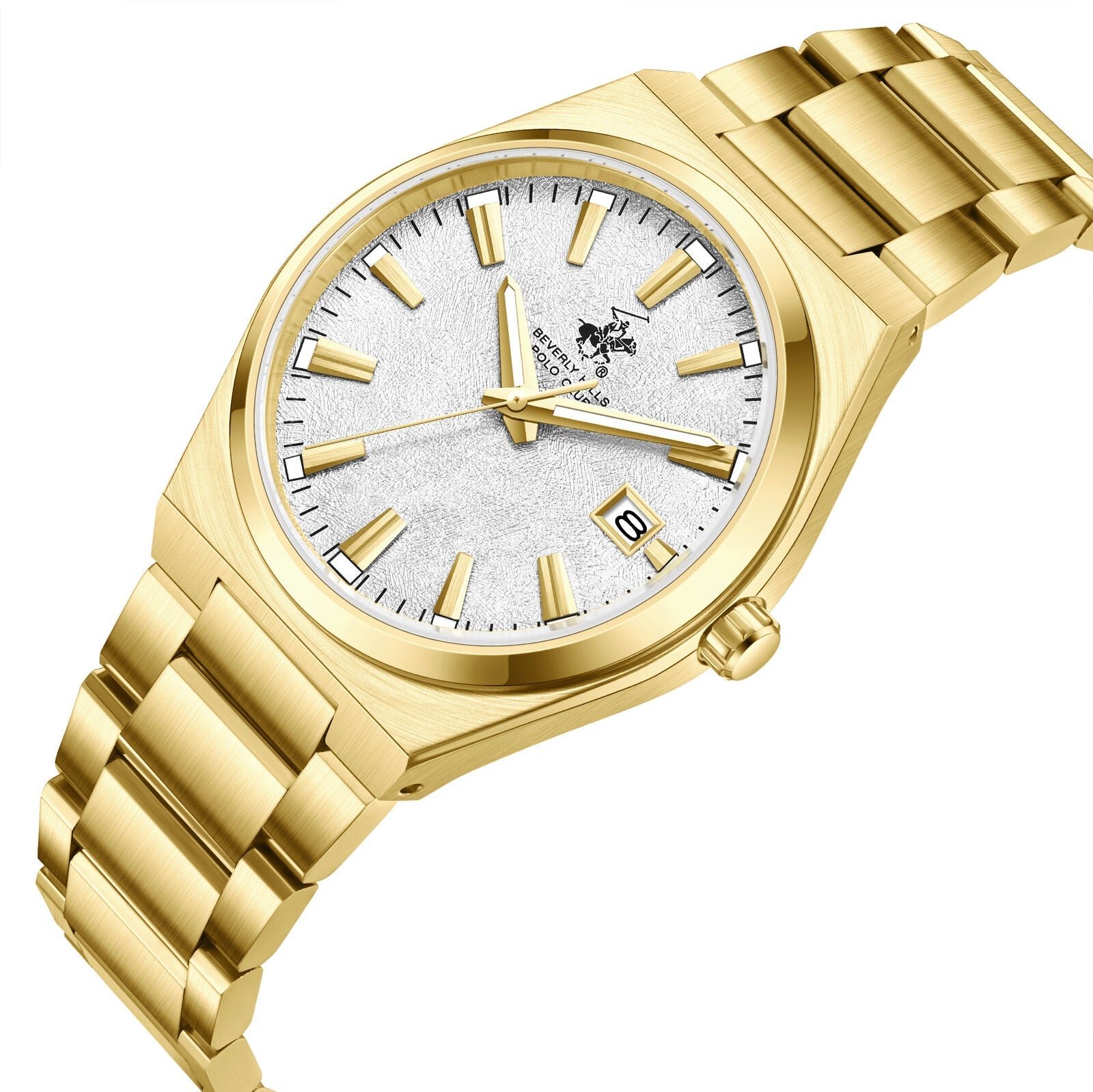 Gold watch angled view showing mother-of-pearl dial, date window, and gold bracelet