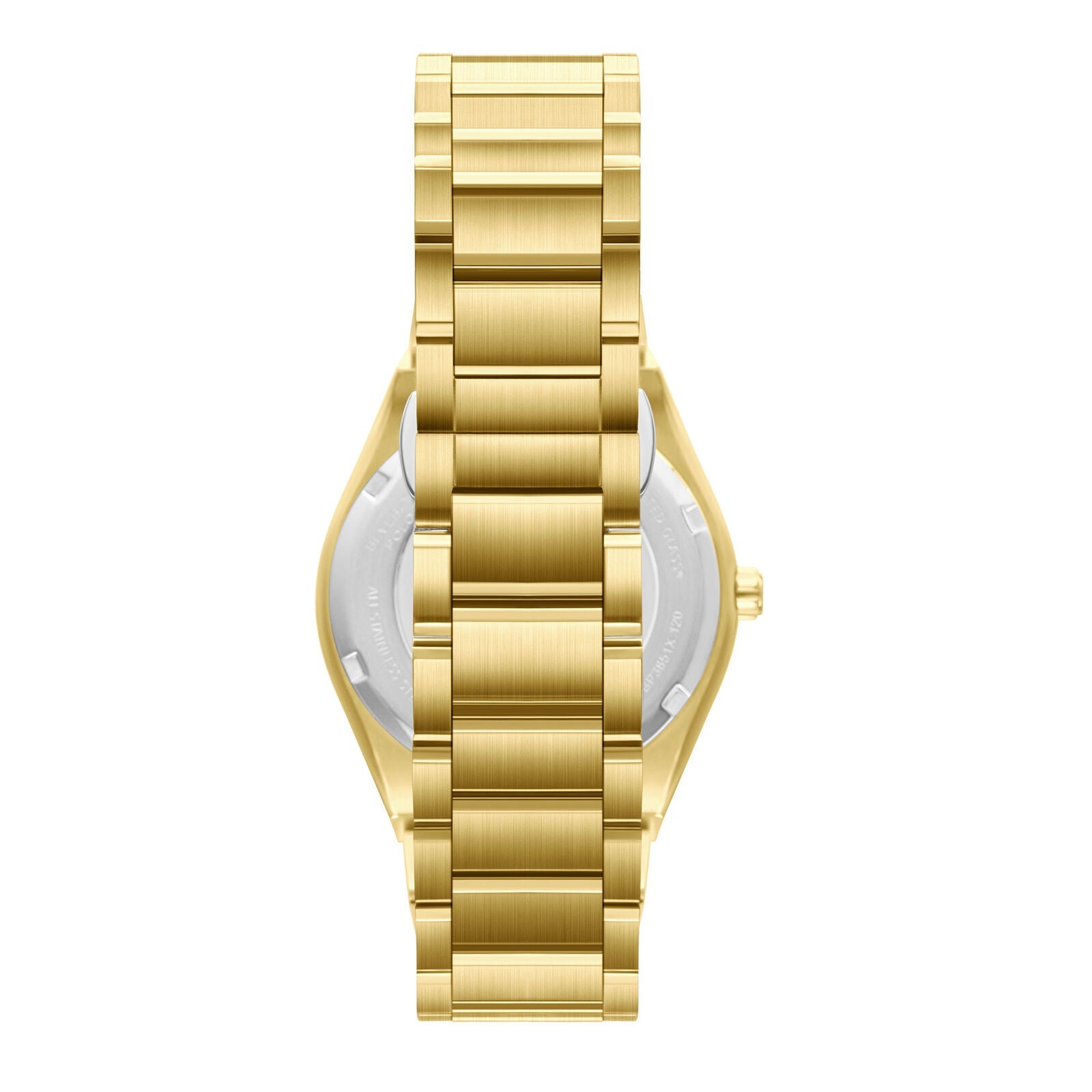 Overhead view of gold watch showing mother-of-pearl dial and gold bracelet