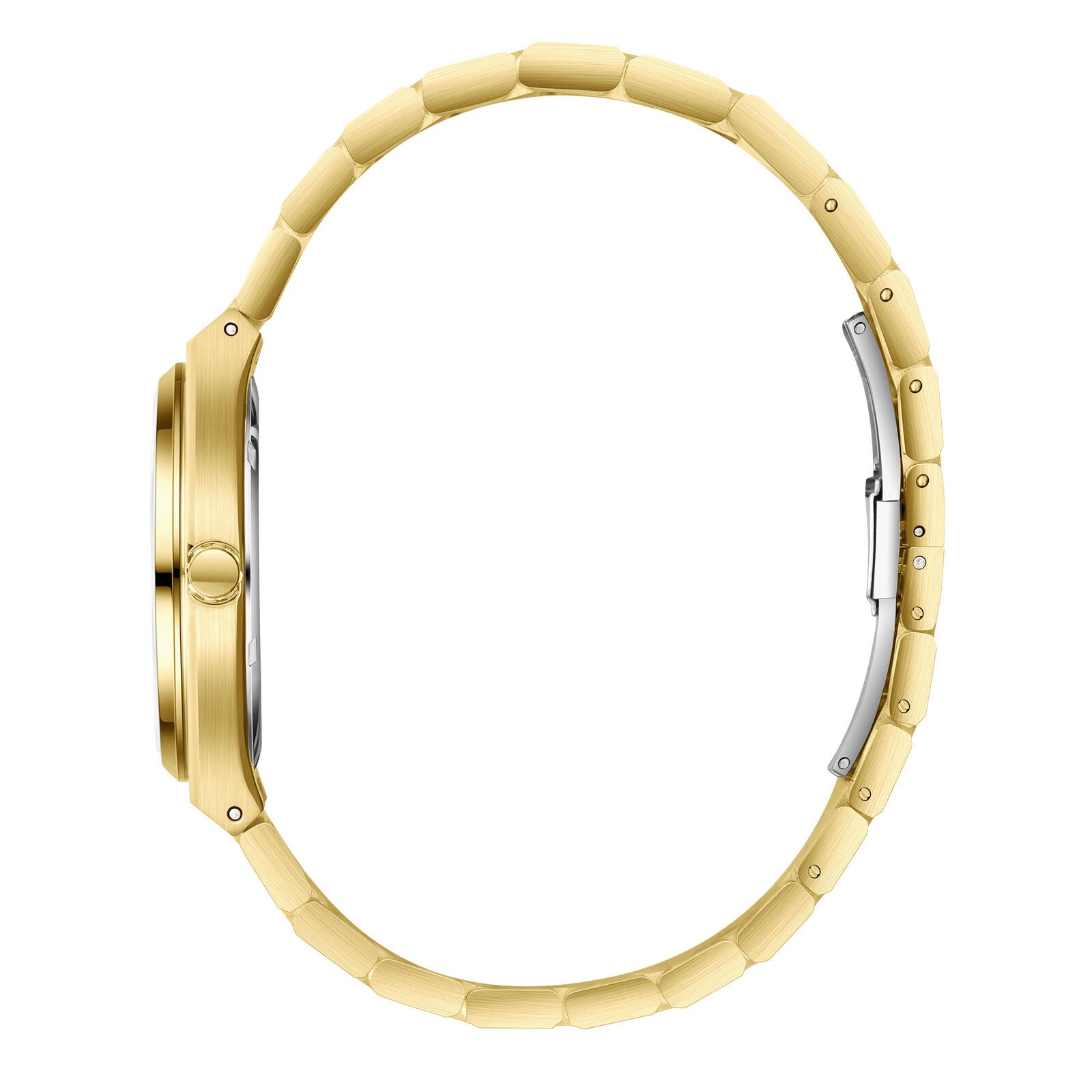 Side profile view of gold watch and matching gold bracelet