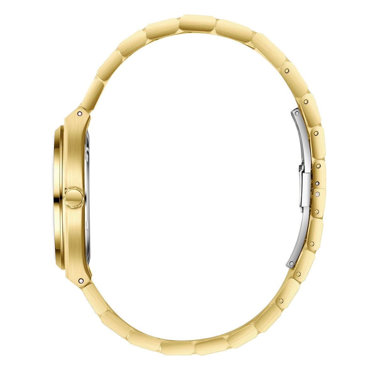 Side profile view of gold watch and matching gold bracelet