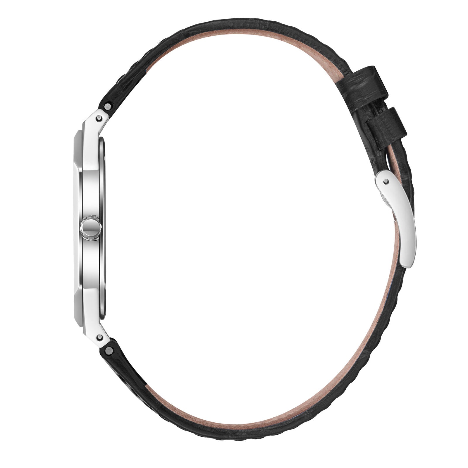 Side profile of Slim Tech 5 watch showing stainless steel case and black leather strap