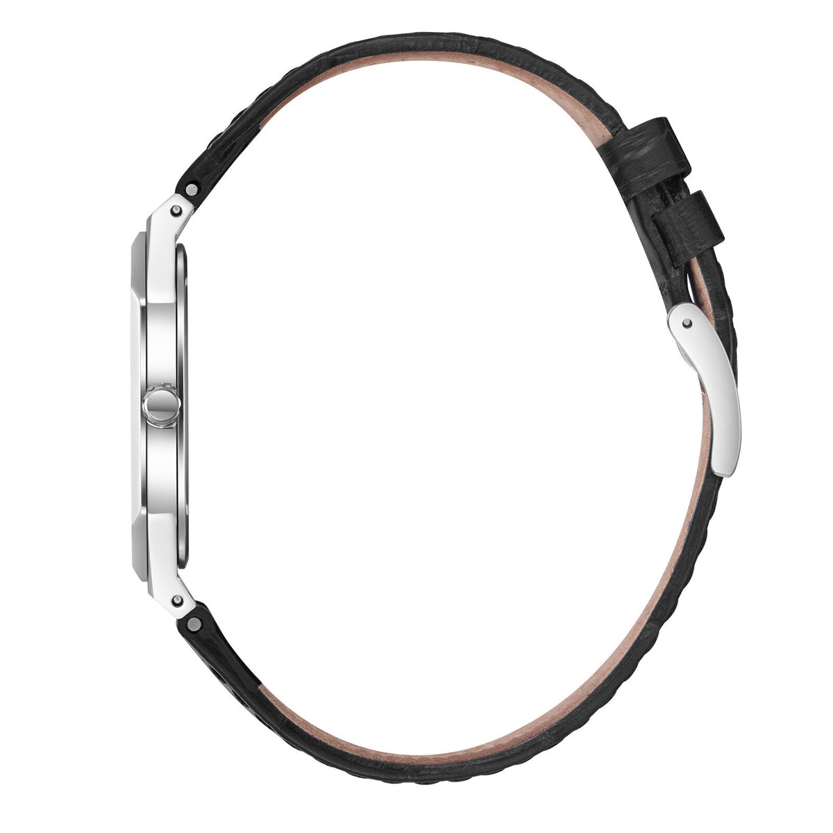 Side profile of Slim Tech 5 watch showing stainless steel case and black leather strap