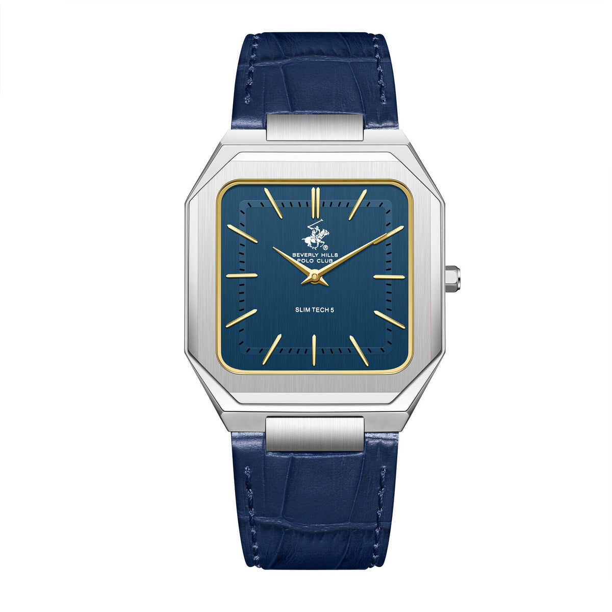 Beverly Hills Polo Club Slim Tech 5 blue dial silver watch with gold accents and navy leather strap
