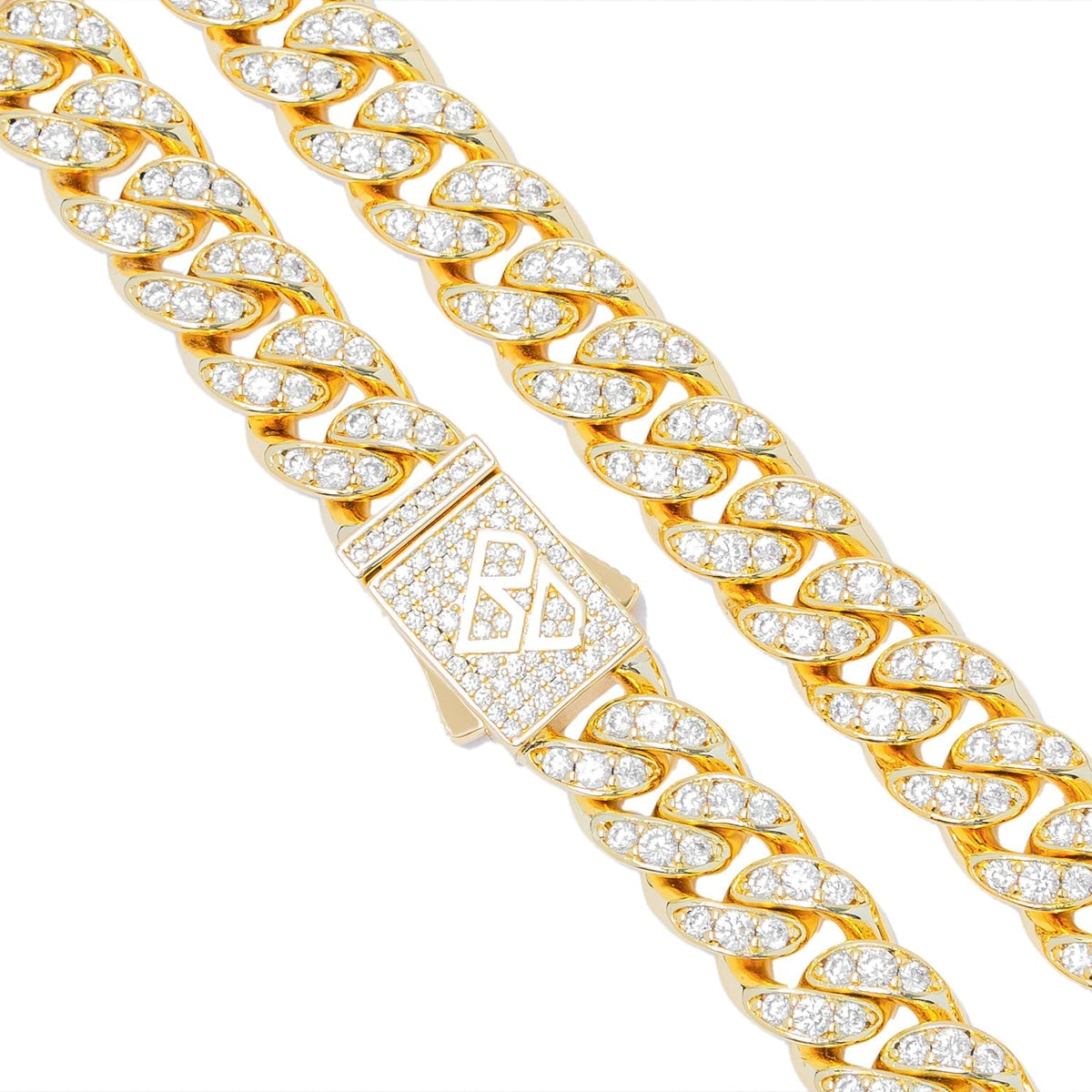 Close-up of 10MM Cuban link chain showing cubic zirconia pave and branded clasp