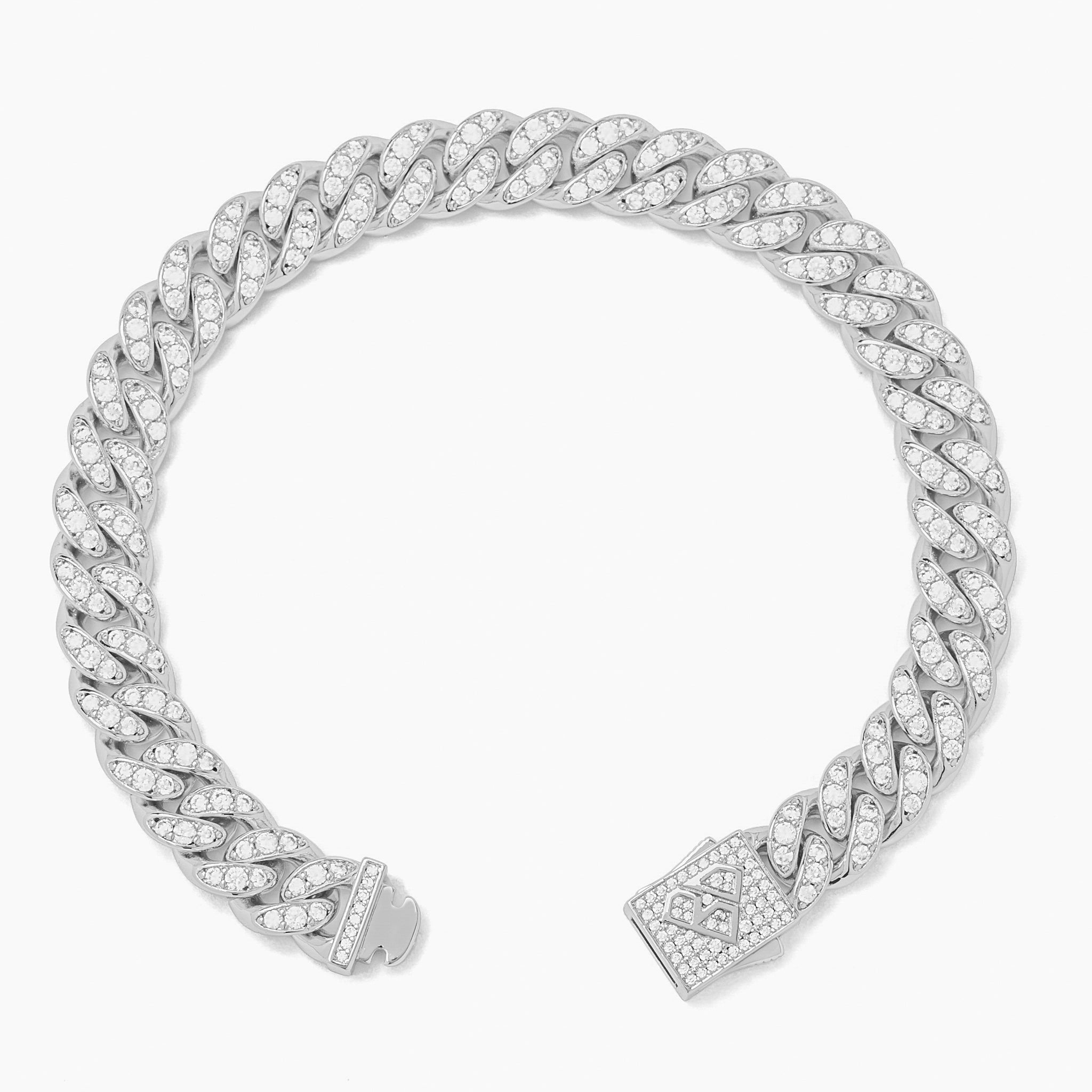 Iced out Cuban link bracelet with rhinestone encrusted design and clasp detail